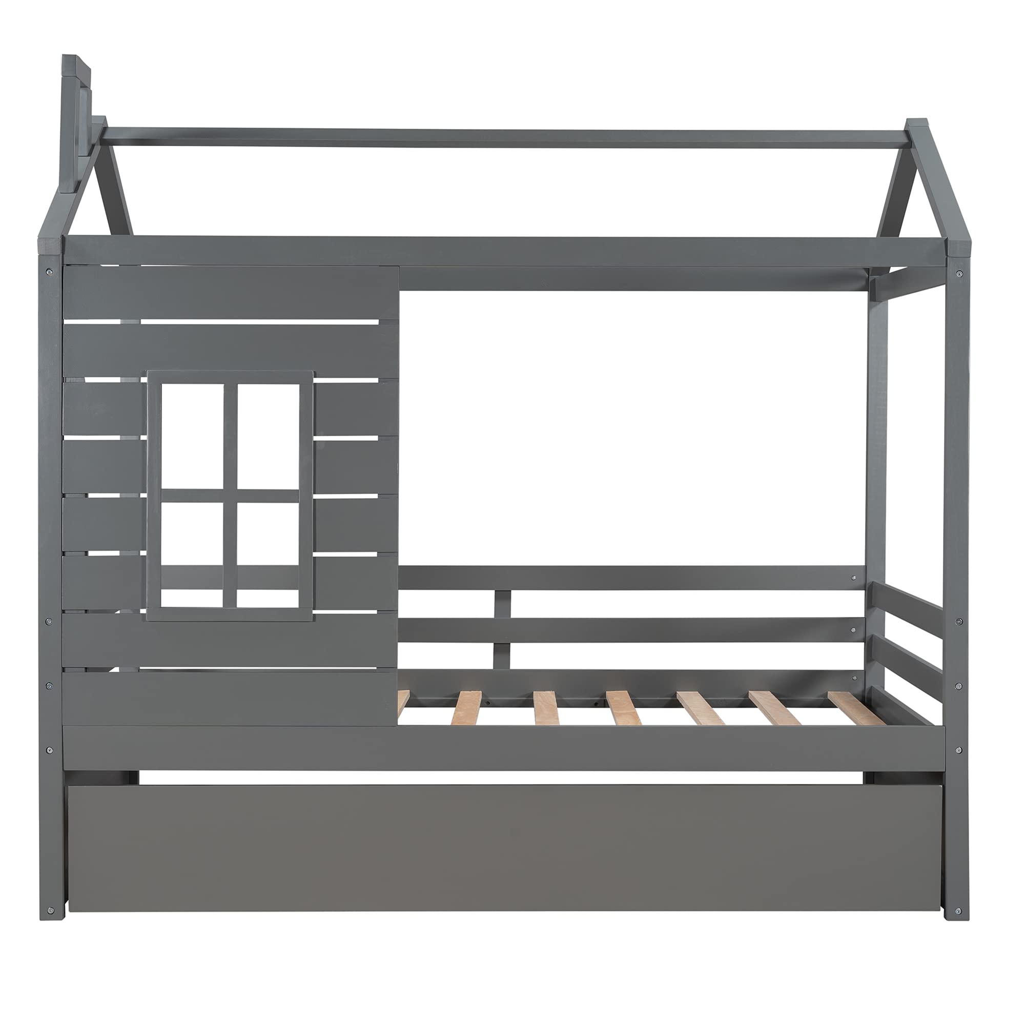 RUNNA Twin Size Wooden House Bed with Trundle - Gray Kids Bed Frame with Roof, Window & Guardrail for Children's Room | Perfect for Toddlers, Boys & Girls Bedroom Decor | Playful Sleep Solution for Daydreaming & Imaginative Play