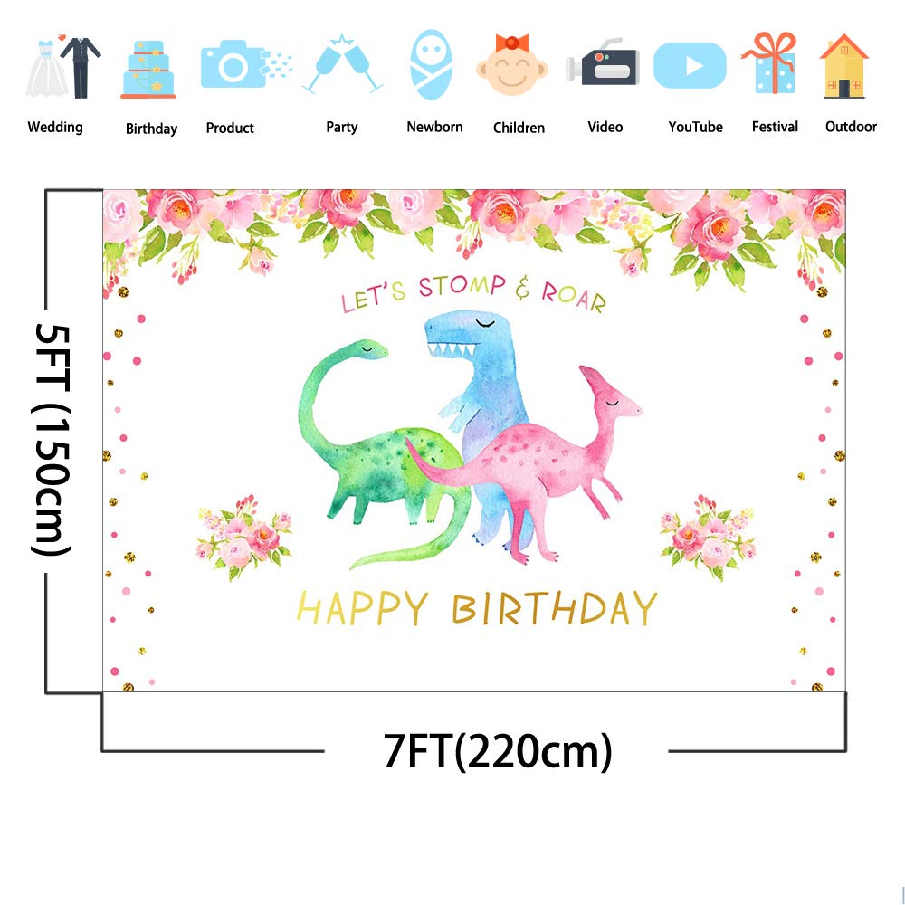 Dinosaur Birthday Backdrop - 7x5ft Floral Dinosaur Photo Background with Gold Glitter Dots | Happy Birthday Party Decorations for Kids, Baby Showers & Dinosaur Themed Events