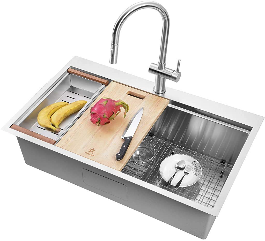 STARSTAR 22x22x12 Inch 304 Stainless Steel Single Bowl Kitchen Sink with Accessories - Drop-in/Topmount Workstation Sink for Home, Bar, Laundry & Office Use - Includes Grid, Wooden Cutting Board, Colander & Strainer Basket - Perfect for Food Prep, Dishwashing & Multi-Purpose Cleaning