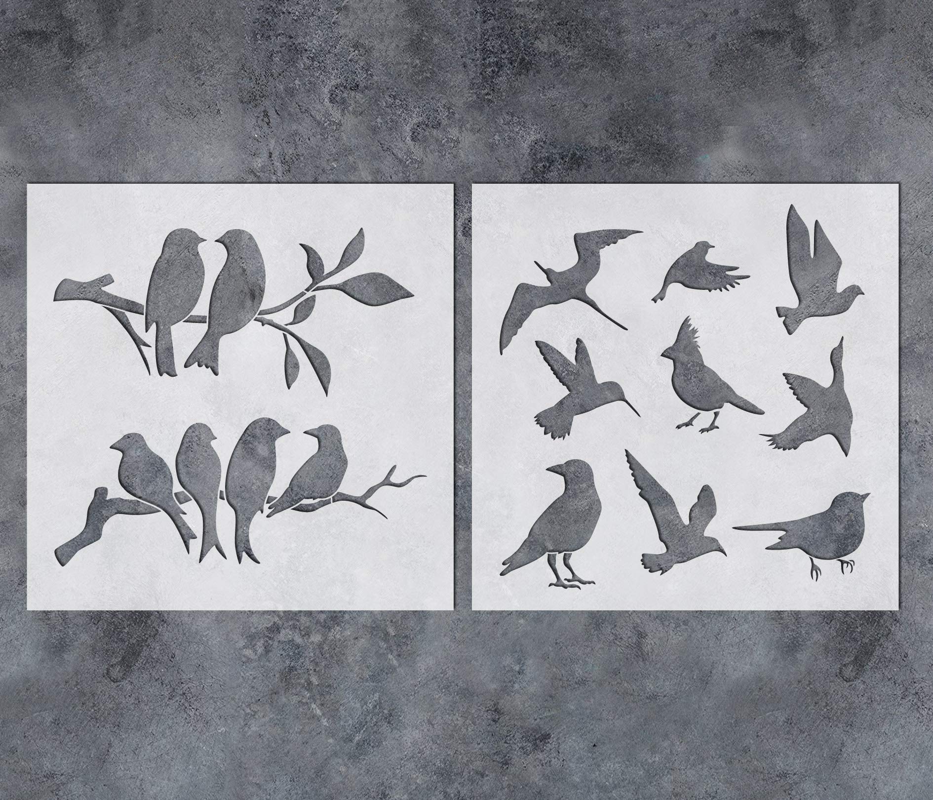 GSS Designs Birds Tree Branches Stencils (2 Pack) - 12x12 Inch Reusable Mylar Stencil for Painting on Wood, Furniture, Walls, Pillows, Scrapbooks & Cards - Hummingbird & Floral Design - Perfect for DIY Home Decor, Craft Projects & Wall Art
