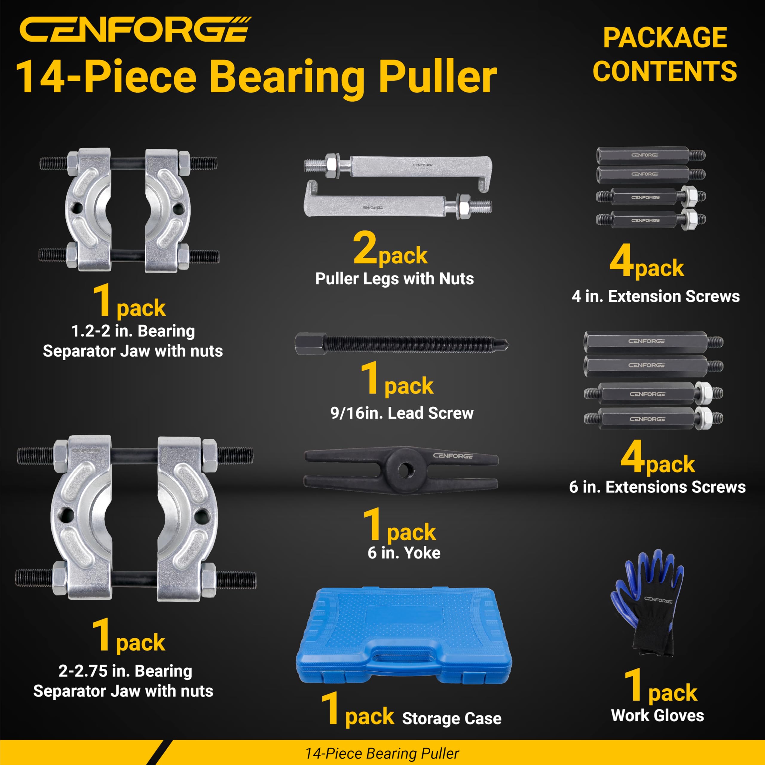 14-Piece Heavy Duty Bearing Puller Kit - 5 Ton Capacity Bearing Removal Tool Set with Splitter & Separator for 1.2-3.5 Inch Bearings - Includes Work Gloves - Perfect for Automotive Repair, Industrial Maintenance & Machinery Servicing