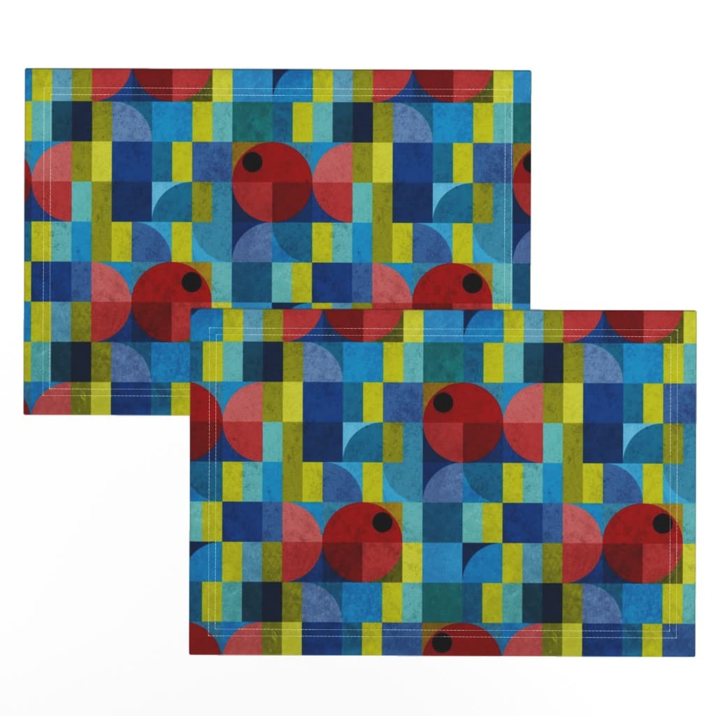 Premium Linen Cotton Canvas Placemats Set of 2 - Red Geometric Fish Ocean Bauhaus Design for Dining Table Decor, Kitchen Accessories & Coastal Home Decor