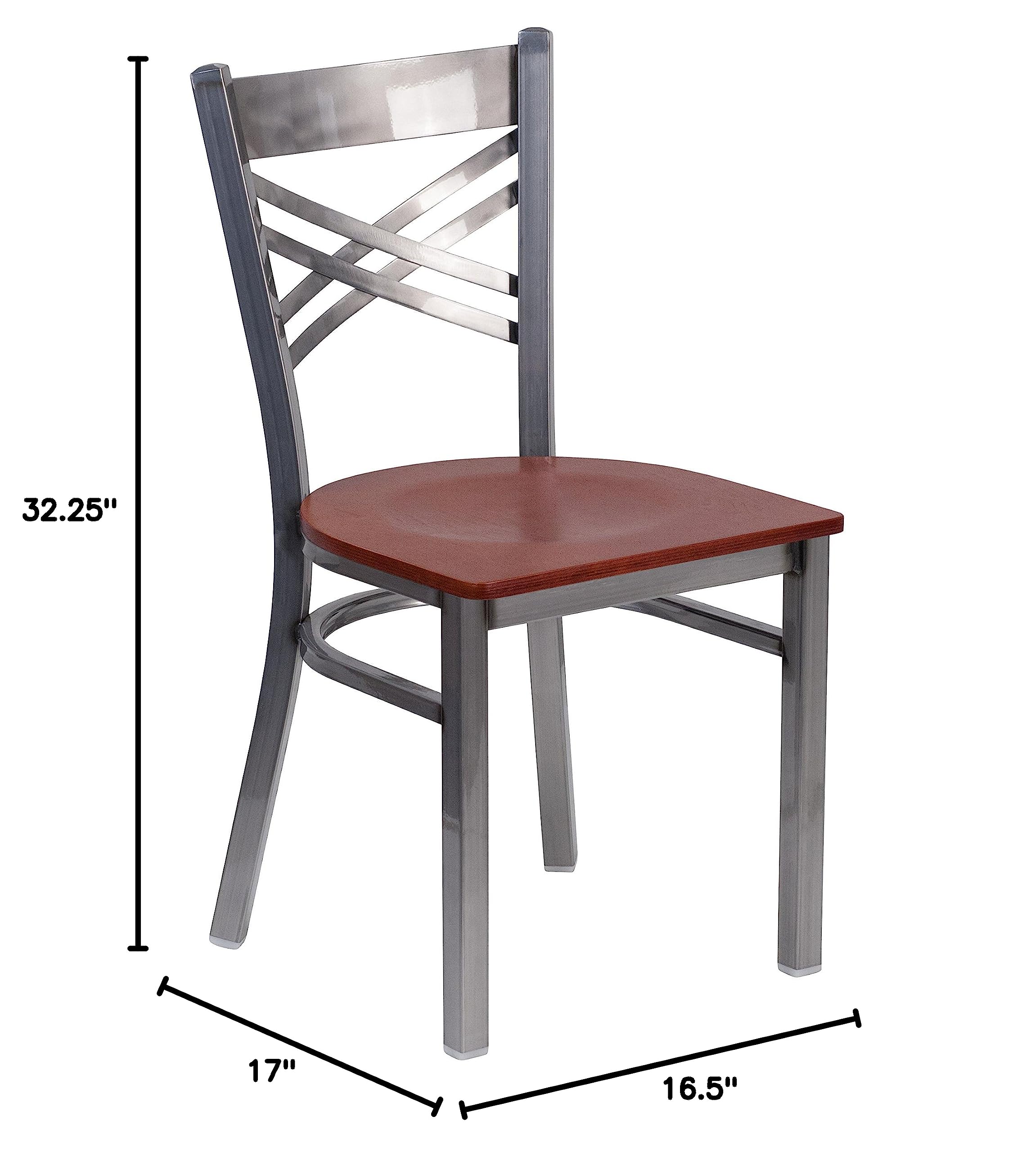 EMMA & OLIVER Clear Coated X-Back Metal Restaurant Chair with Cherry Wood Seat - Durable Commercial Dining Furniture for Cafes, Bistros and Home Kitchens