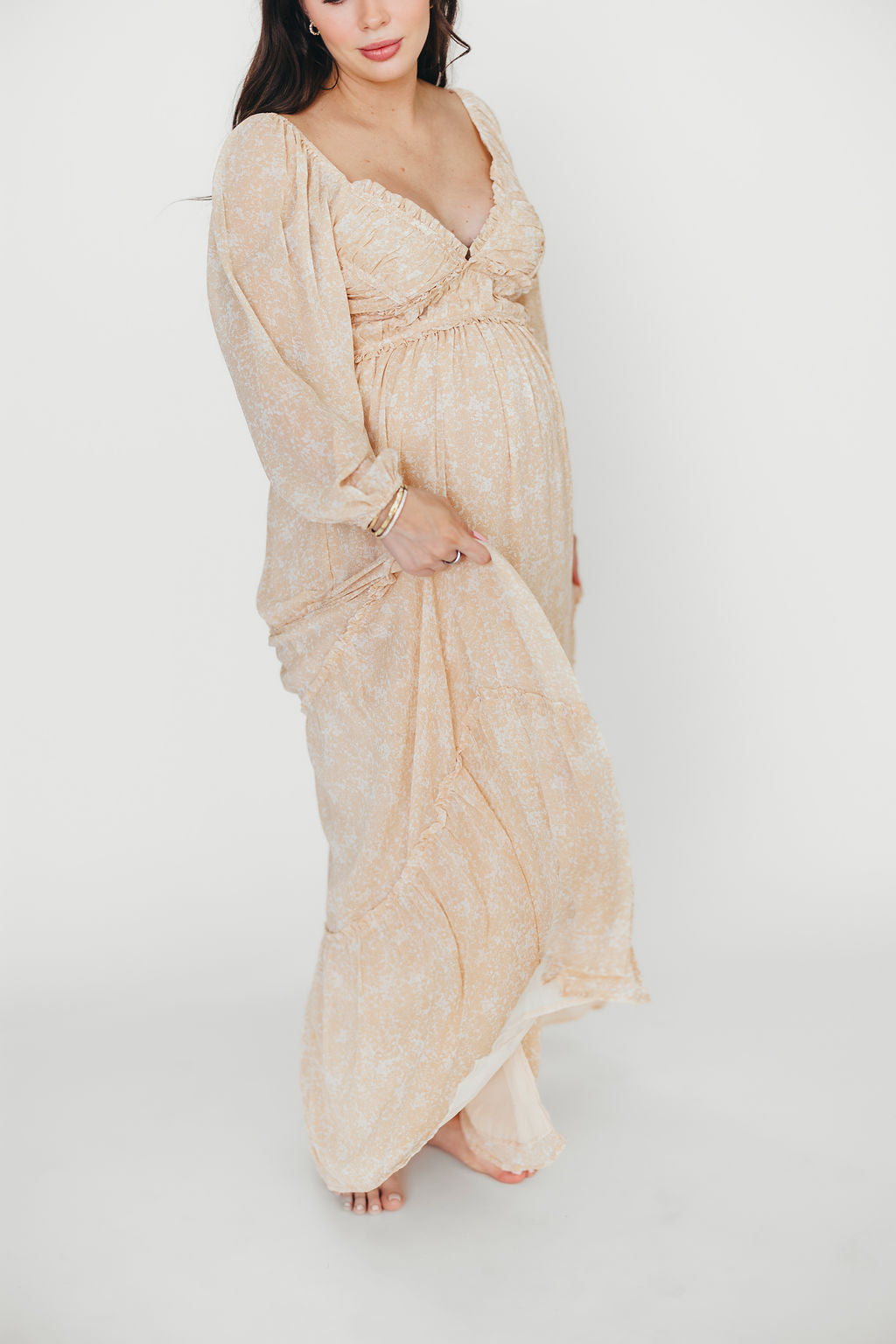 Daphne Long Sleeve Maxi Dress - Light Beige/White Floral Print | Bump Friendly Maternity & Inclusive Sizing (XS-3XL) | Perfect for Pregnancy, Weddings & Special Occasions