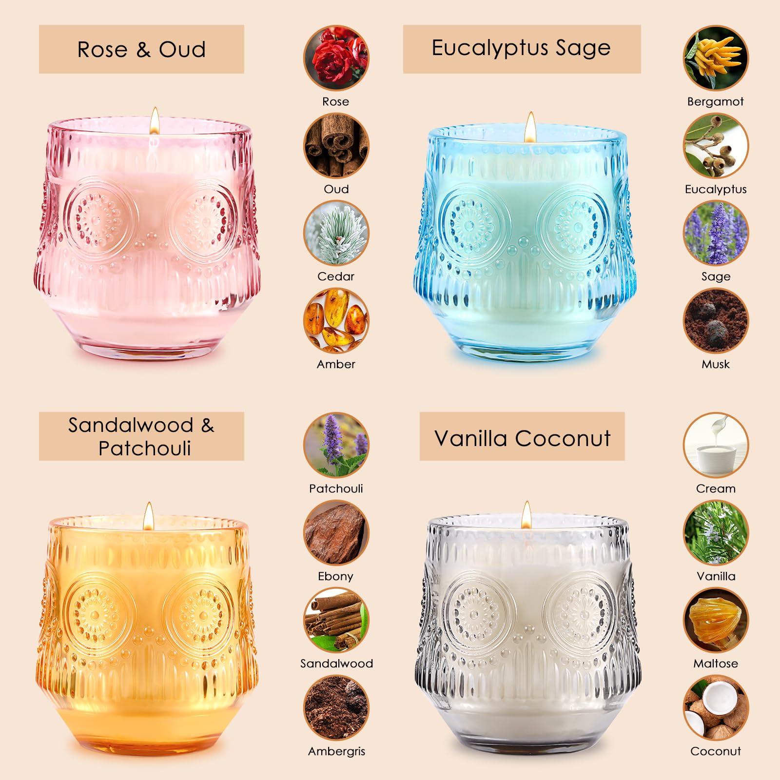 4 Pack Scented Soy Candle Gift Set for Women - Vanilla Coconut, Eucalyptus Sage, Rose Oud & Sandalwood Patchouli | Aromatherapy Candles for Home Relaxation, Spa, Yoga & Romantic Ambiance