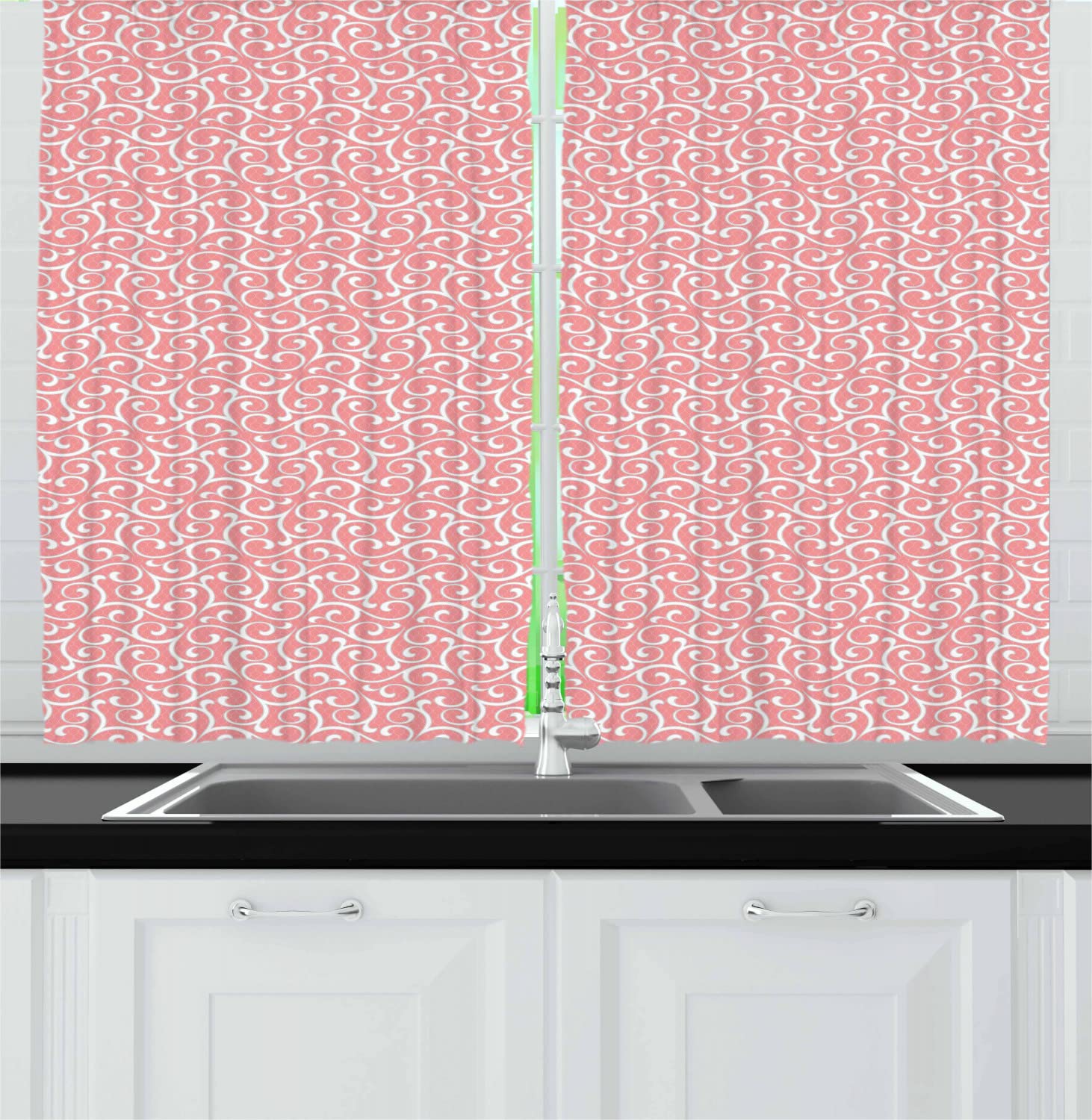 Ambesonne Renaissance Long Kitchen Curtains - Soft Pastel Classic Swirls & Curved Lines Rococo Royal Shabby Revival Print - 2 Panel Drapes with Rod Pocket - 55