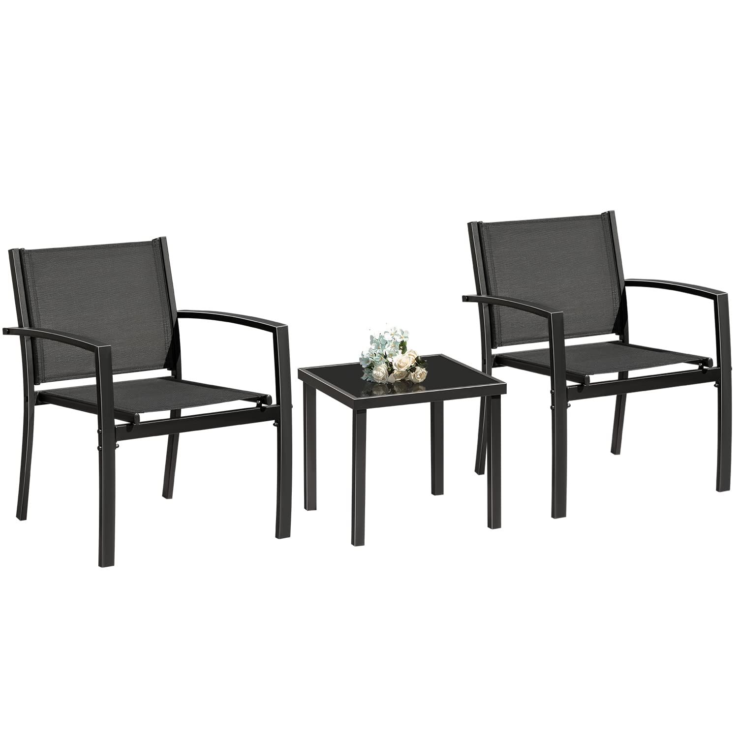 Greesum 3-Piece Outdoor Patio Furniture Set - Textilene Fabric Bistro Chairs with Glass Coffee Table for Lawn, Garden, Balcony, Poolside - Perfect for Relaxing, Entertaining & Outdoor Dining (Black)