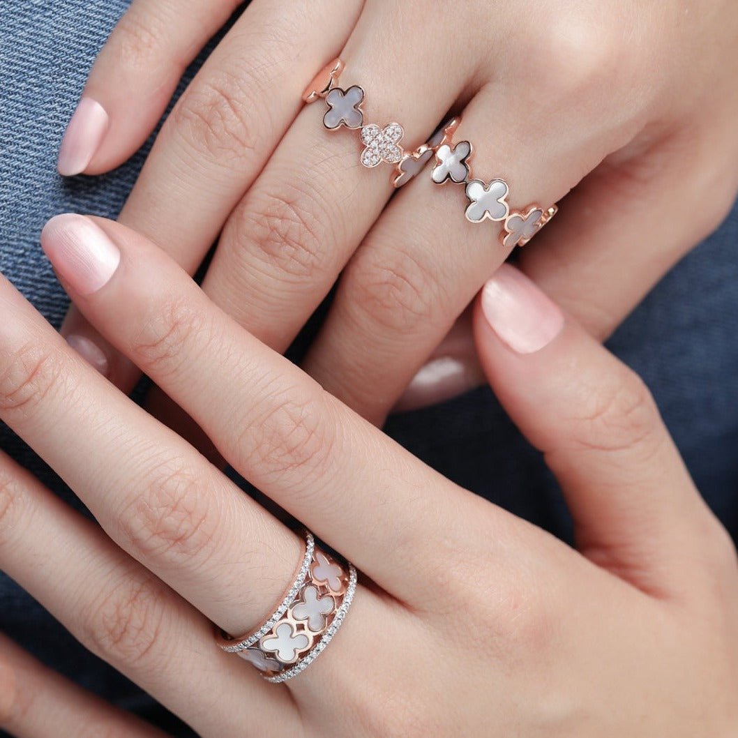 14k Rose Gold Mother of Pearl Clover Eternity Ring - Elegant Four Leaf Clover Jewelry for Women - Perfect for Anniversaries, Weddings & Special Occasions
