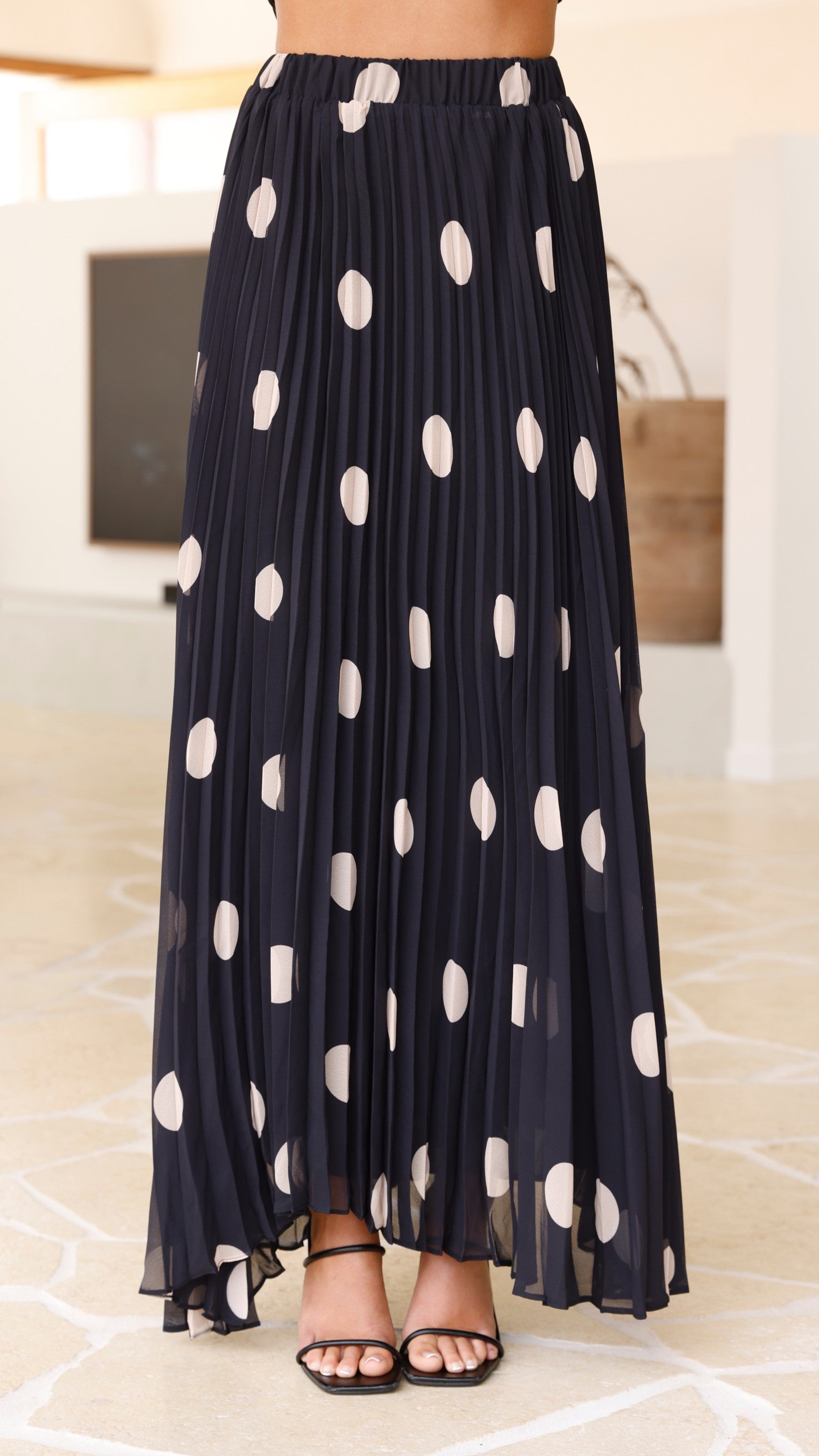 Cambree Peplum Top and Maxi Skirt Set - Black & Beige Polka Dot Outfit for Women | Elegant Two-Piece Dress for Party, Wedding & Special Occasions