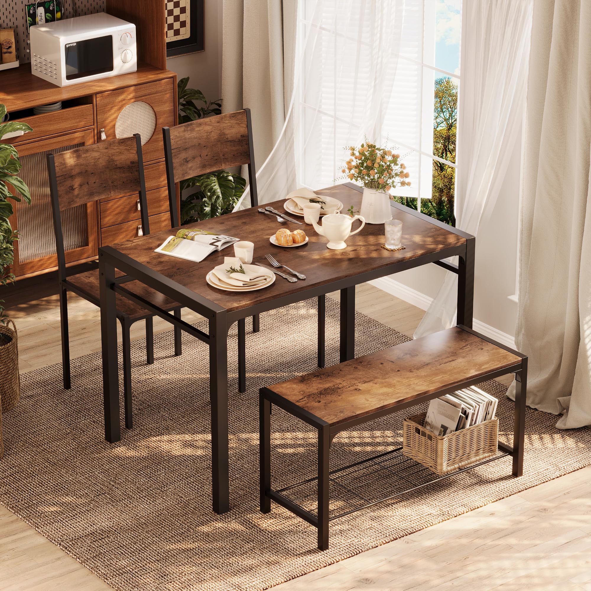 Shahoo 4-Piece Dining Set with Table, 2 Chairs & Bench - Compact Kitchen Table for Small Spaces in Brown | Perfect for Apartments, Breakfast Nooks & Cozy Dining Areas
