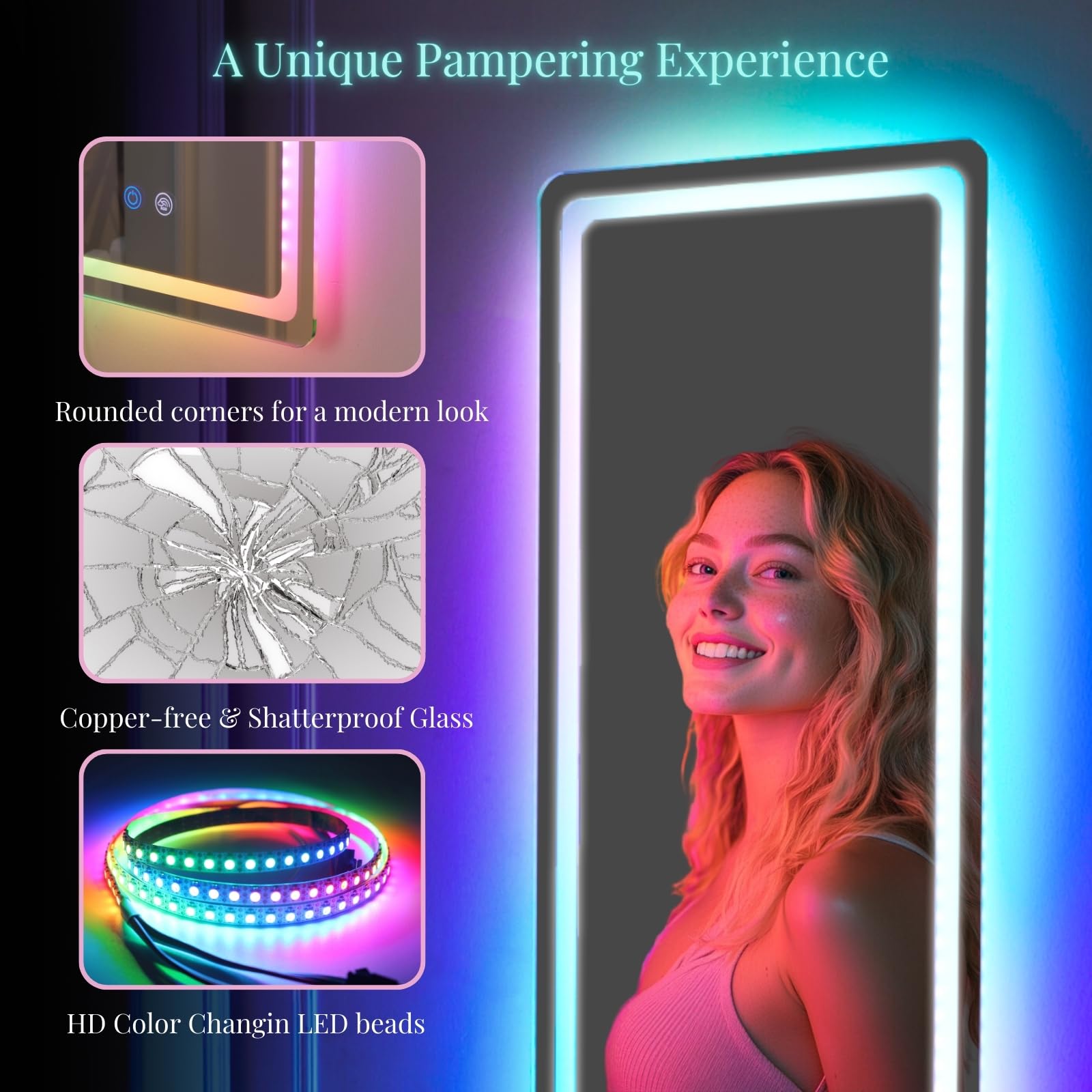 LUXFURNI Full Length LED Mirror with RGB Dimmable Lights - Wall Mounted Full Body Mirror 42.32x14 Inch for Bedroom, Bathroom, Vanity & Dressing Room