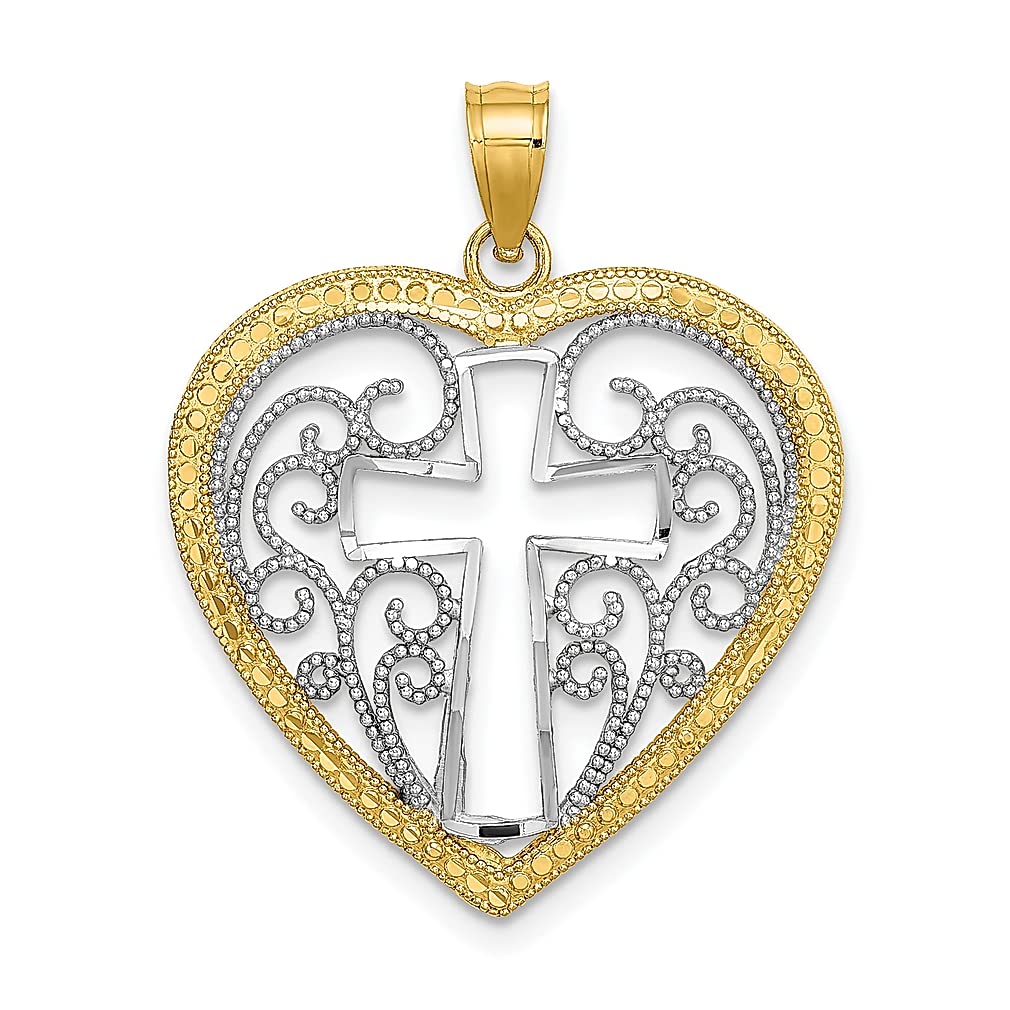 10K Solid Yellow Gold Rhodium-Plated Filigree Heart Cross Pendant Necklace - Religious Jesus Christ Charm for Women, Gift for Baptism, First Communion, Confirmation & Spiritual Occasions