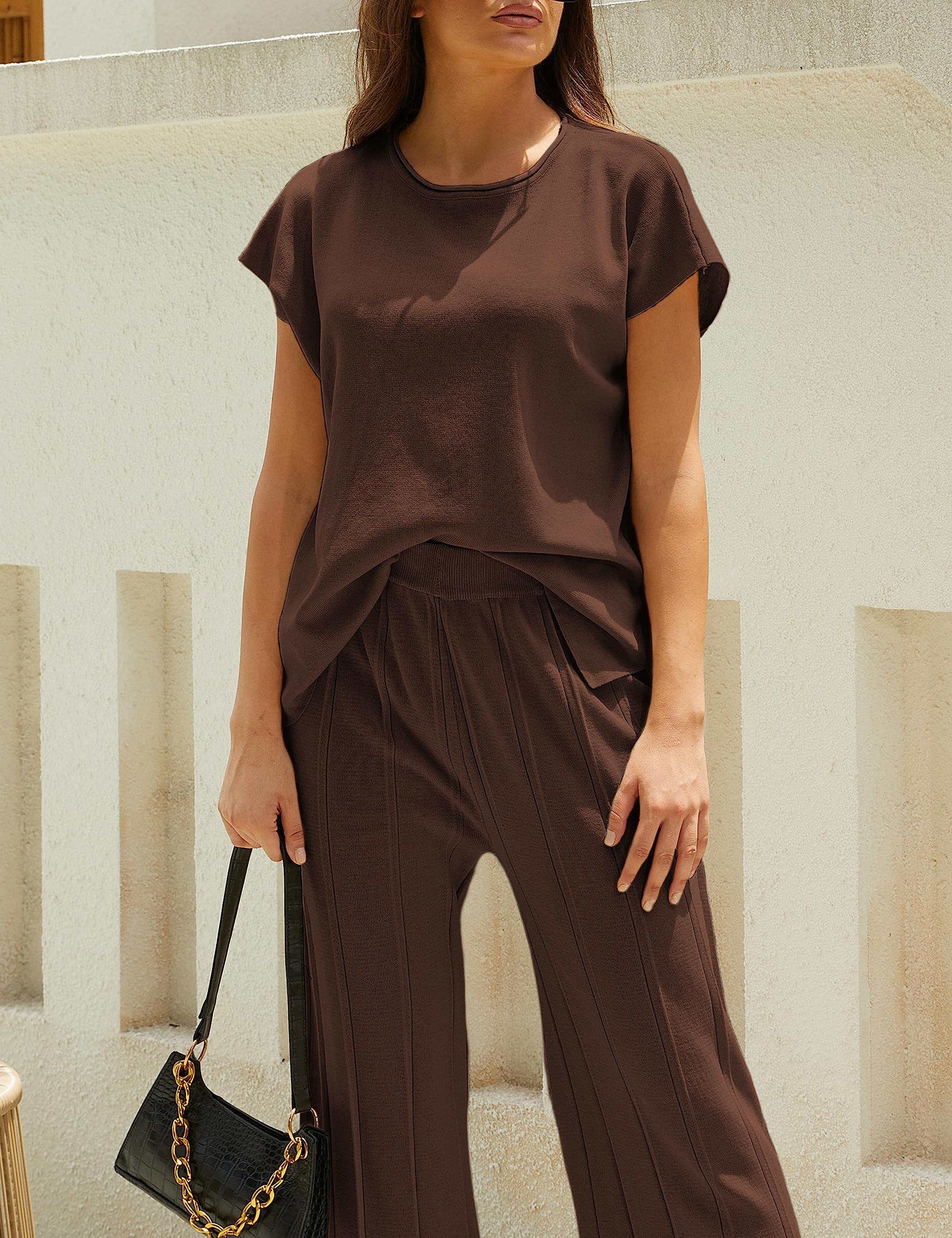 Women's Knit 2-Piece Sweater Set - Cozy Pullover Top & High Waist Wide Leg Lounge Pants - Soft Casual Outfit for Home, Work & Travel