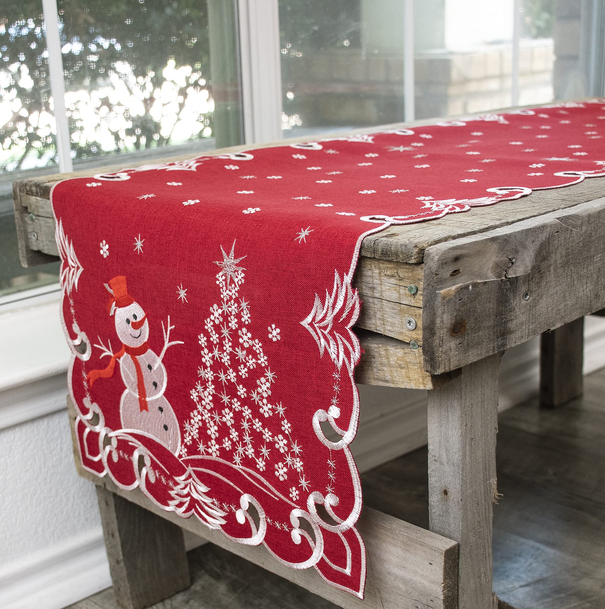 Elegant Silver Star Topped Trees & Snowman Red Table Runner - 15x51 Inch Holiday Decor for Dining Table, Coffee Table, Dresser, or Buffet - Perfect for Christmas, Winter Decorations & Festive Home Styling