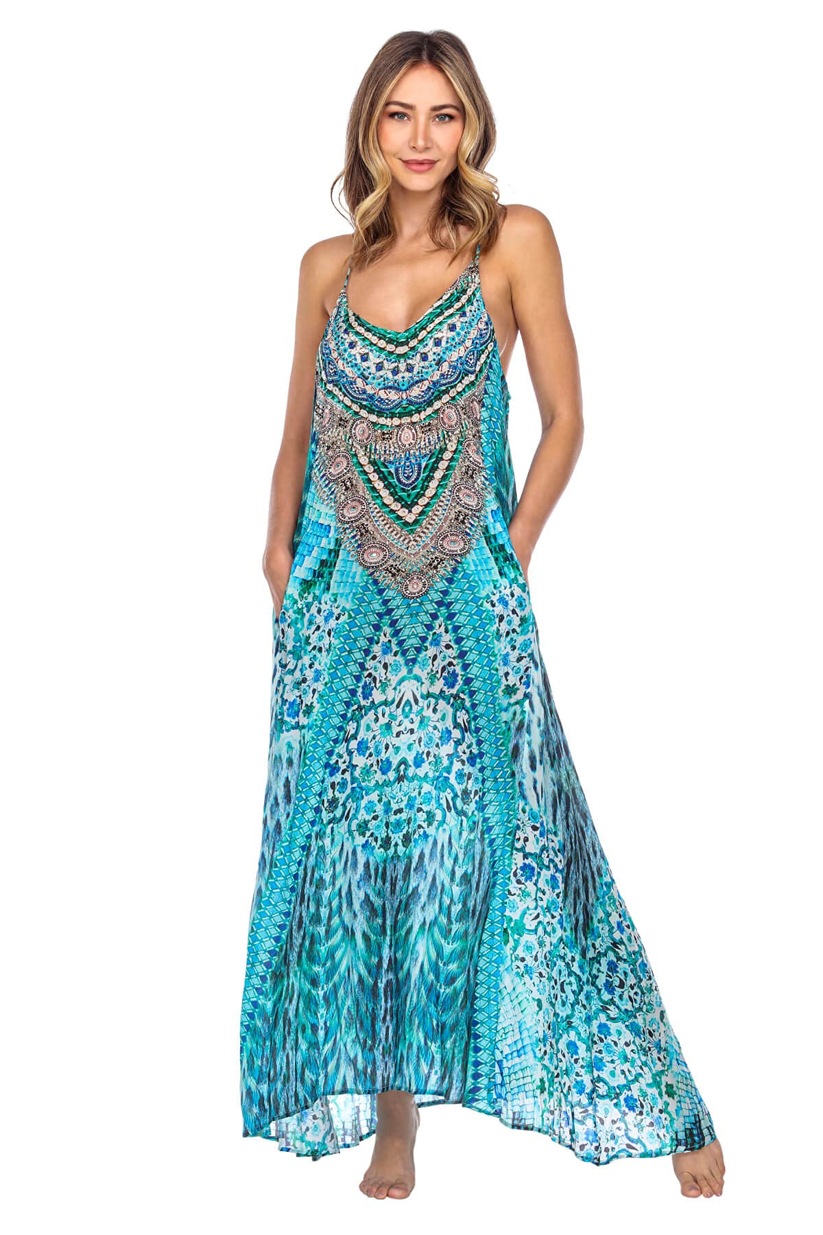 La Moda Women's Spaghetti Strap V-Neck Flowy Maxi Dress - Casual Summer Beach Dress for Resort, Cruise, Pool Party & Vacation (S/M, 21009 TB, m) | Perfect for Tropical Getaways, Date Nights & Summer Outings