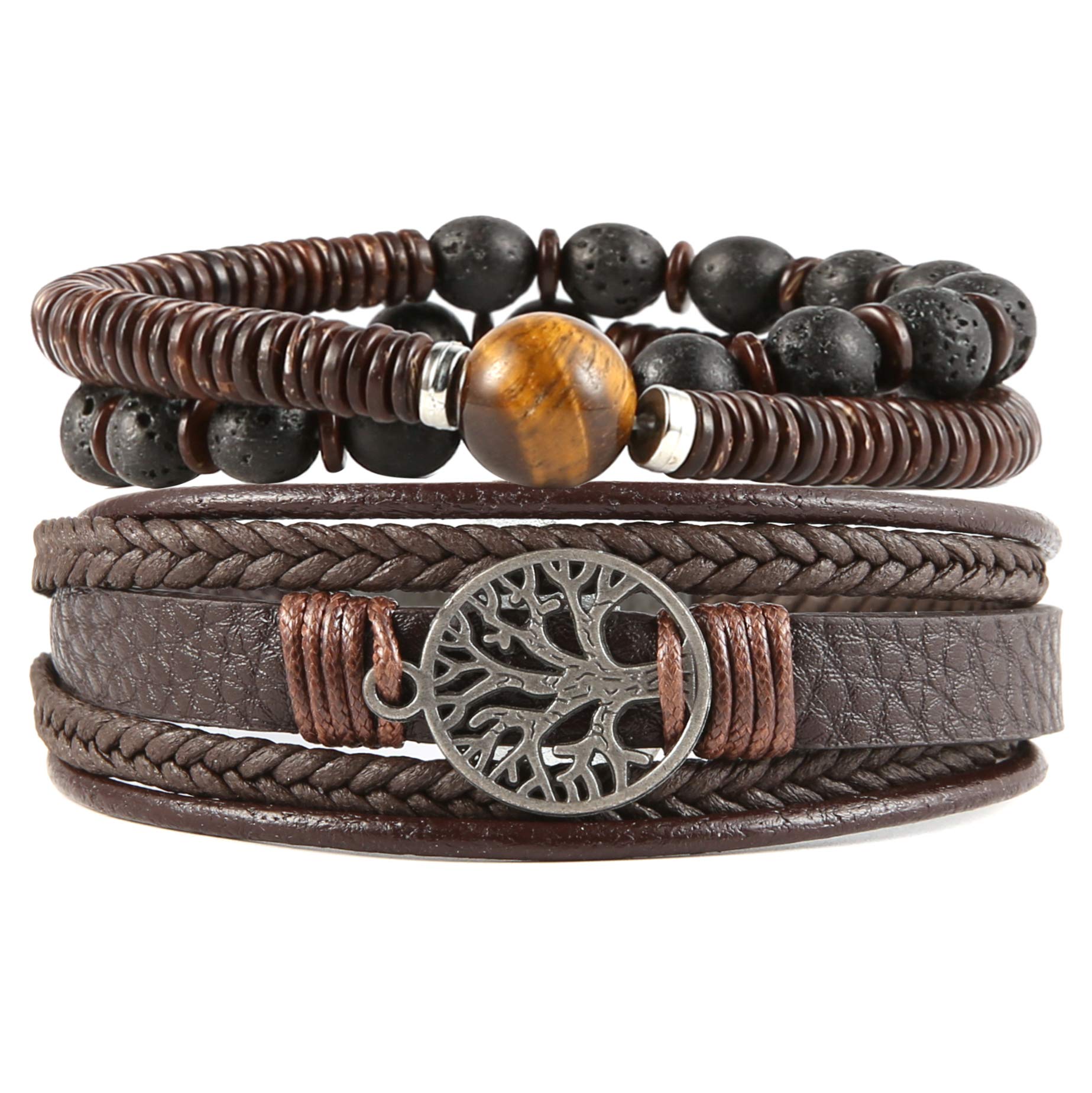 Genuine Leather Tree of Life Bracelet for Men & Women - Tiger Eye Natural Stone & Lava Rock Beads, Elastic Ethnic Tribal Wristband - Perfect for Yoga, Meditation, Boho Fashion & Spiritual Gifts