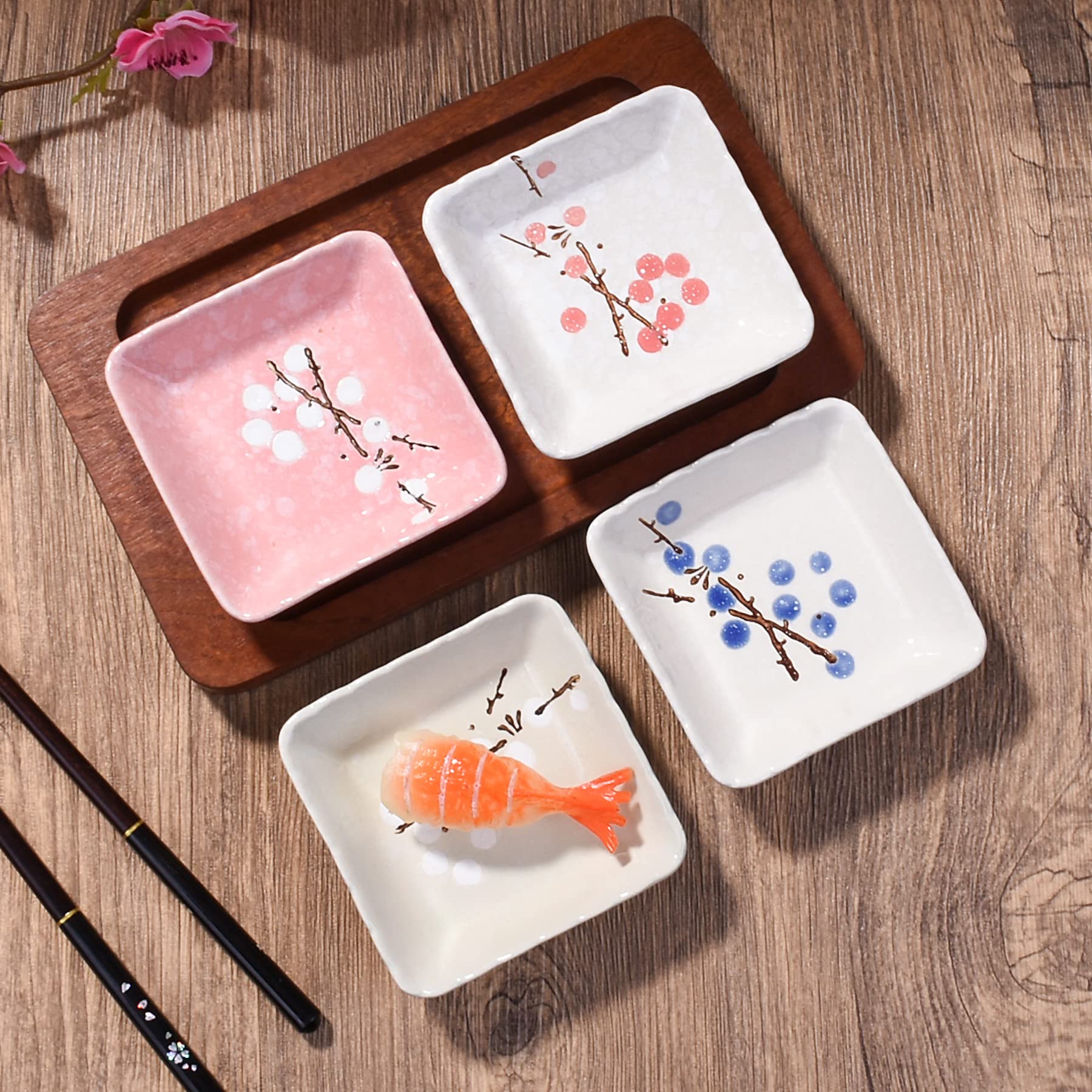 Japanese Ceramic Sauce Dish Set of 4 - Square Soy Sauce Dish for Sushi, BBQ, Dipping Sauces - Microwave & Dishwasher Safe - Perfect for Restaurants, Home Dining, and Party Platters