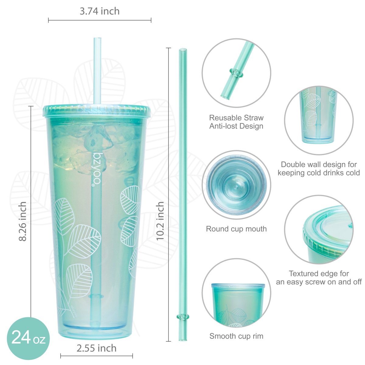 24oz Double Wall Insulated Plastic Tumbler with Lid & Straw - Pearl Green | Leakproof Travel Cup for Coffee, Iced Tea & Cold Drinks | Perfect for Office, Gym & Outdoor Activities