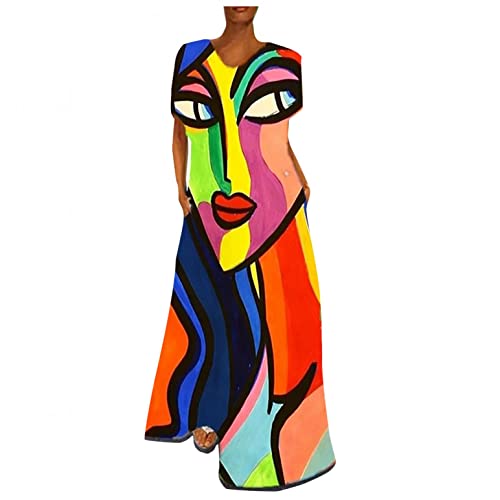 DZQUY Women's Plus Size Floral Print Long Maxi Dress - Casual Short Sleeve Flowy Summer Dress for Beach, Vacation & Outdoor Parties