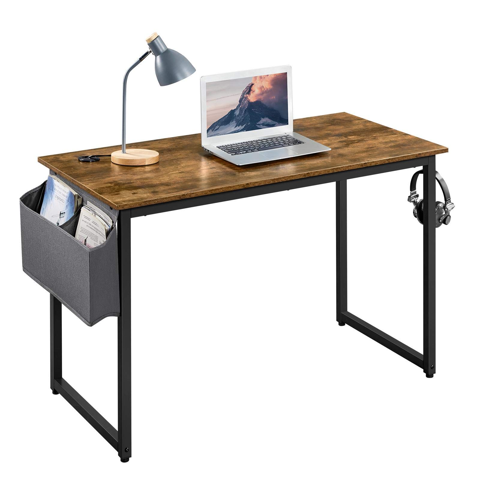 Yaheetech 47 Inch Industrial Computer Desk with Storage Bag & Headphone Hook - Home Office Writing Desk for Small Spaces, Rustic Brown Workstation - Perfect for Home Office, Gaming Setup, and Study Room