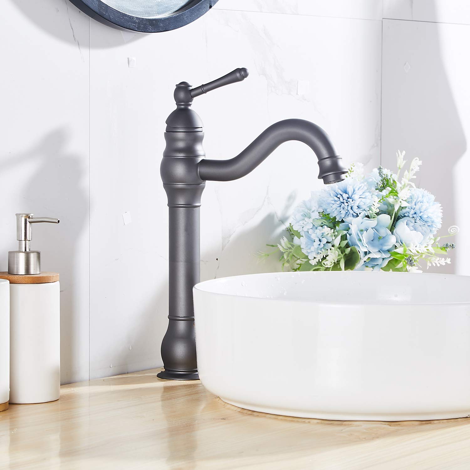 GGStudy 360° Swivel Single-Handle Bathroom Faucet - One Hole Vessel Sink Faucet with Pop Up Drain, Grey Farmhouse Vanity Faucet for Bathroom Sink, Perfect for Modern Farmhouse & Rustic Bathroom Decor