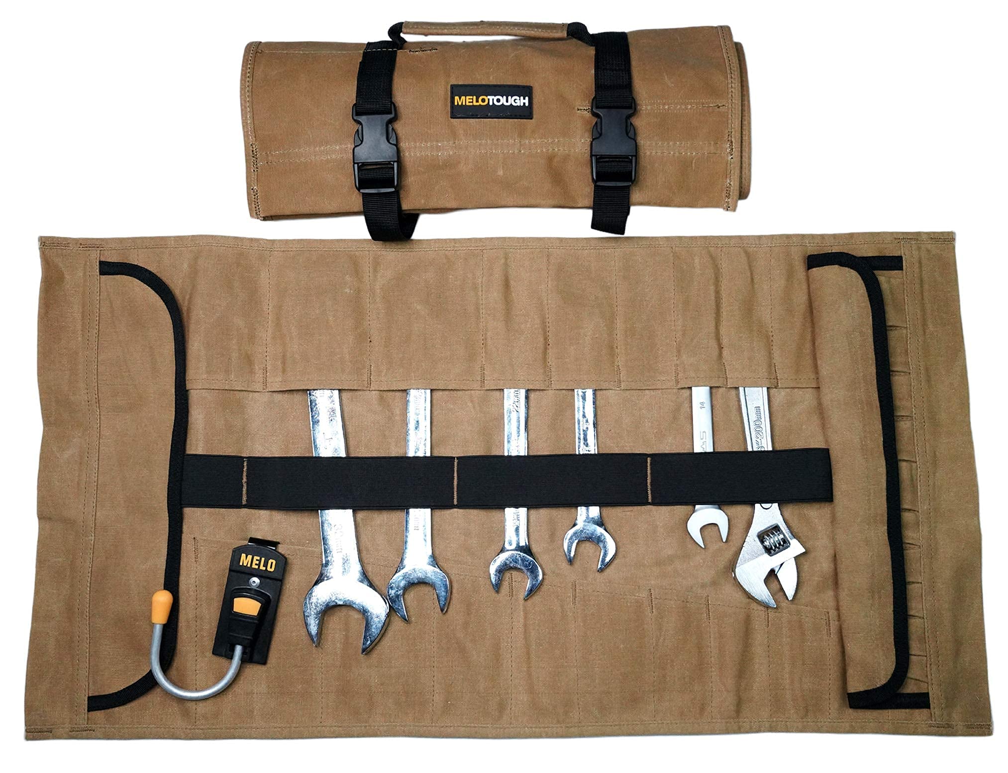 1 Pack Waxed Canvas Tool Roll Organizer & Wrench Roll Pouch + 1 Pack 35-Pocket Bucket Tool Organizer for 3.5-5 Gallon Buckets | Durable Socket Storage for Mechanics, DIY & Workshop Organization