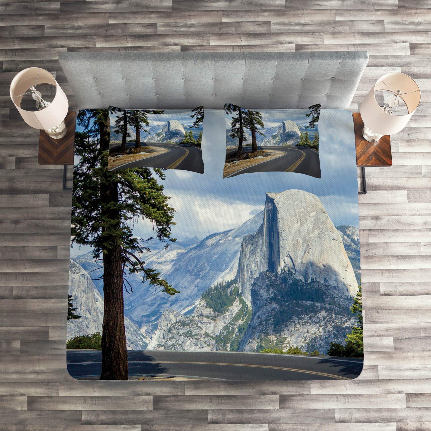 Ambesonne Yosemite 3-Piece Quilted Bedspread Set - King Size Green Landscape Bedding with El Capitan Mountain Design & 2 Pillow Shams | Nature-Themed Bedroom Decor for Cozy Cabin Retreats