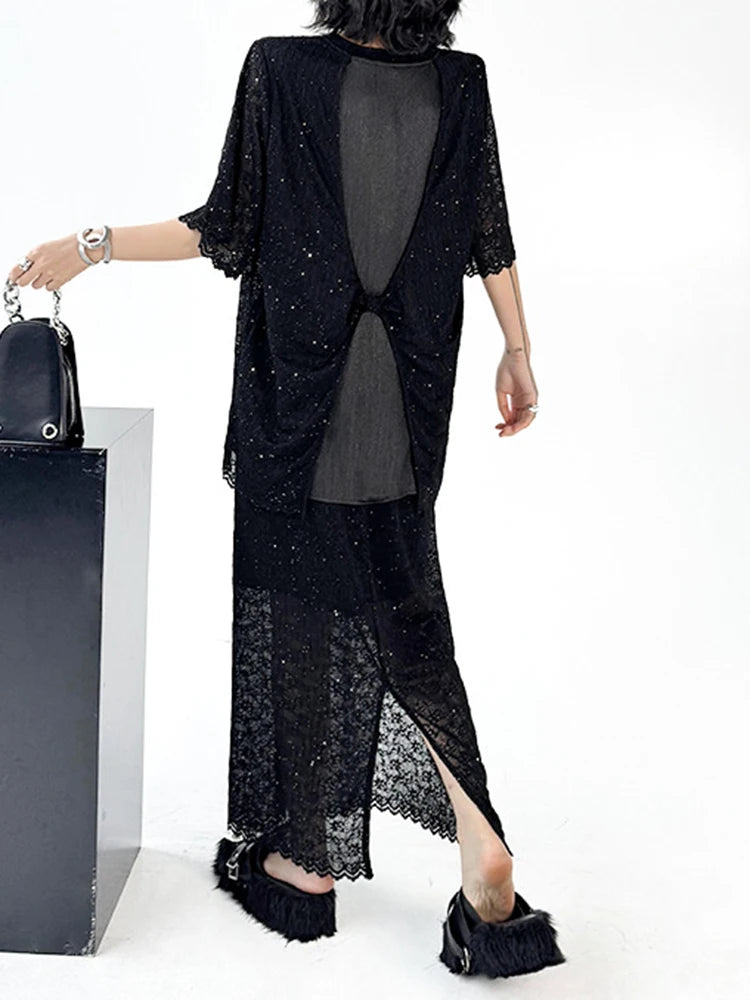 Black Lace T-Shirt & Back Slit Skirt 2-Piece Set - Round Neck Short Sleeve Women's Fashion Outfit for Spring Summer 2025 | Casual Wear, Date Night, Office Attire