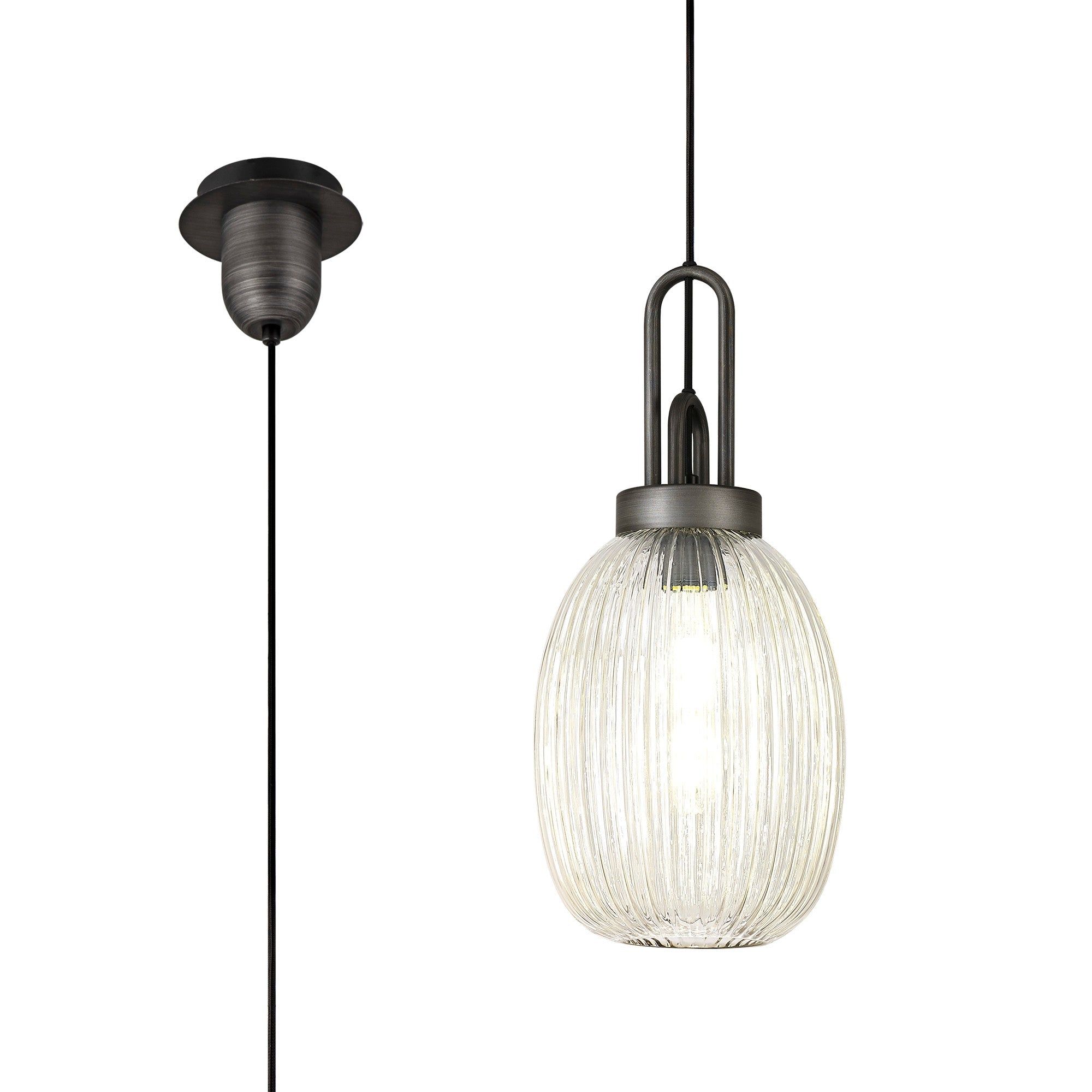 Cadiz 1-Light Pendant Light Fixture with 20cm Almond Ribbed Glass Shade, E27 Socket, IP20 Rated - Perfect for Kitchen Island, Dining Room, or Bedroom Lighting