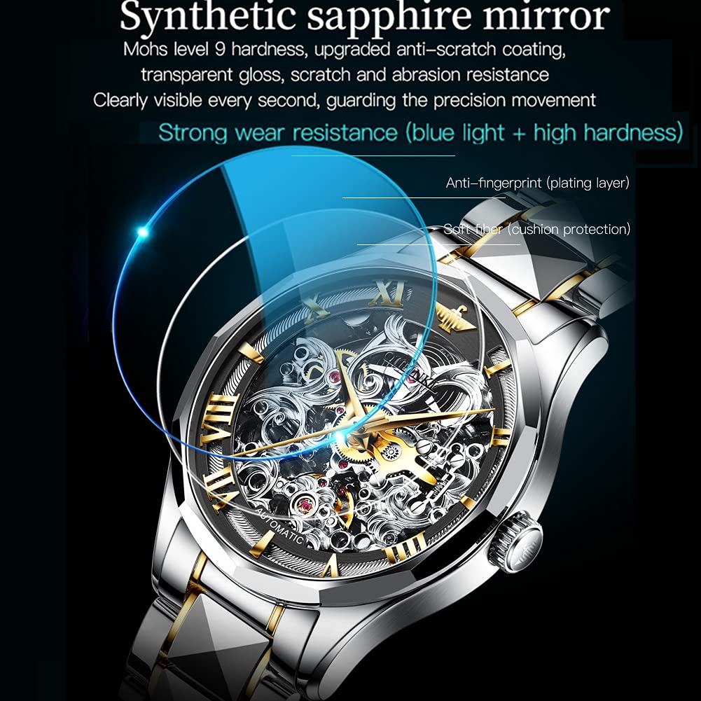 OUPINKE Men's Automatic Skeleton Watch - Self Winding Mechanical Watch with Sapphire Crystal, 50M Waterproof & Tungsten Steel Case - Stylish Hollow Design for Business, Formal & Casual Wear