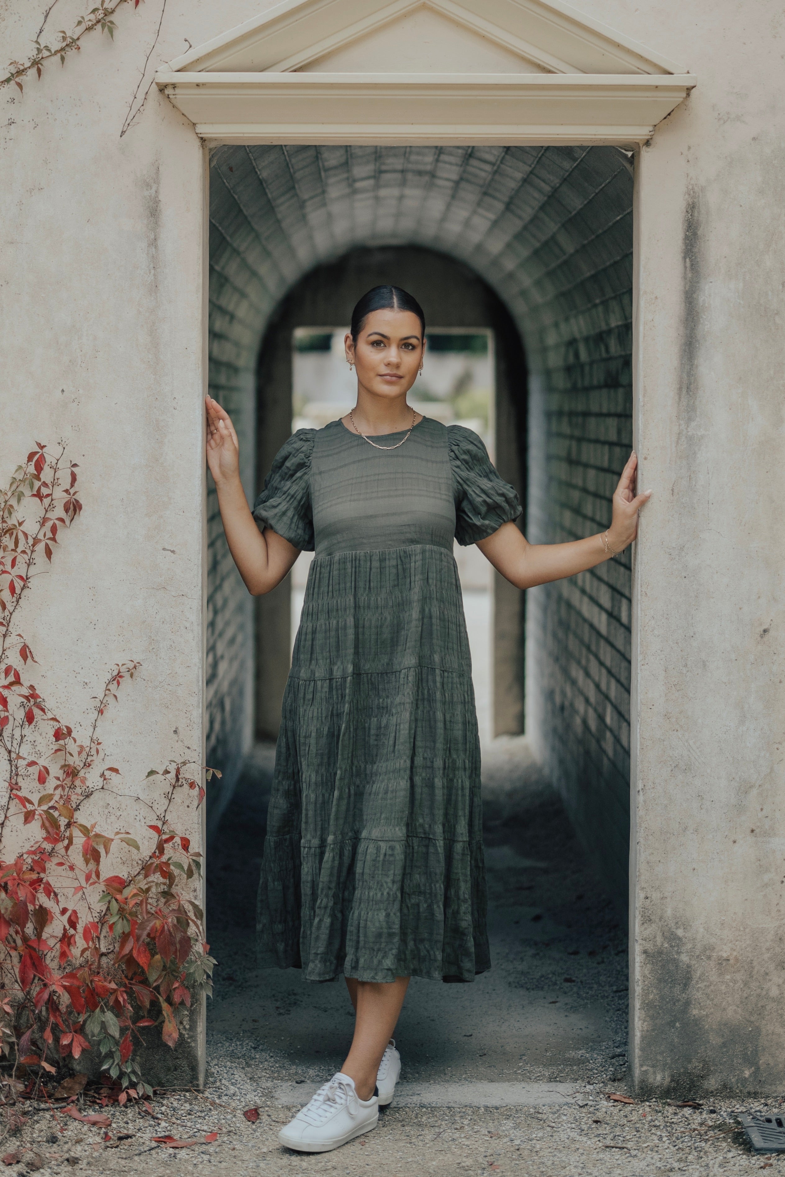 Graceful Khaki Shirred Cotton Bubble Sleeve Tiered Maxi Dress for Women - Summer Beach Wedding Party Vacation Outfit