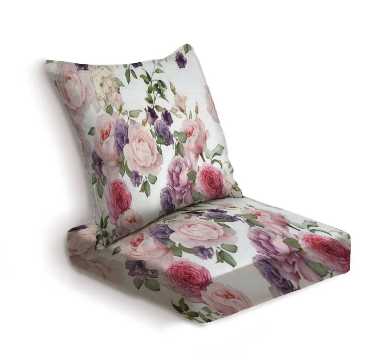ONENPENRI 2-Piece Outdoor Deep Seat Cushion Set - Watercolor Rose Floral Design, Seamless Patio Furniture Replacement Cushions for Lounge Chairs & Conversation Sets - Perfect for Backyard, Deck, and Poolside Relaxation