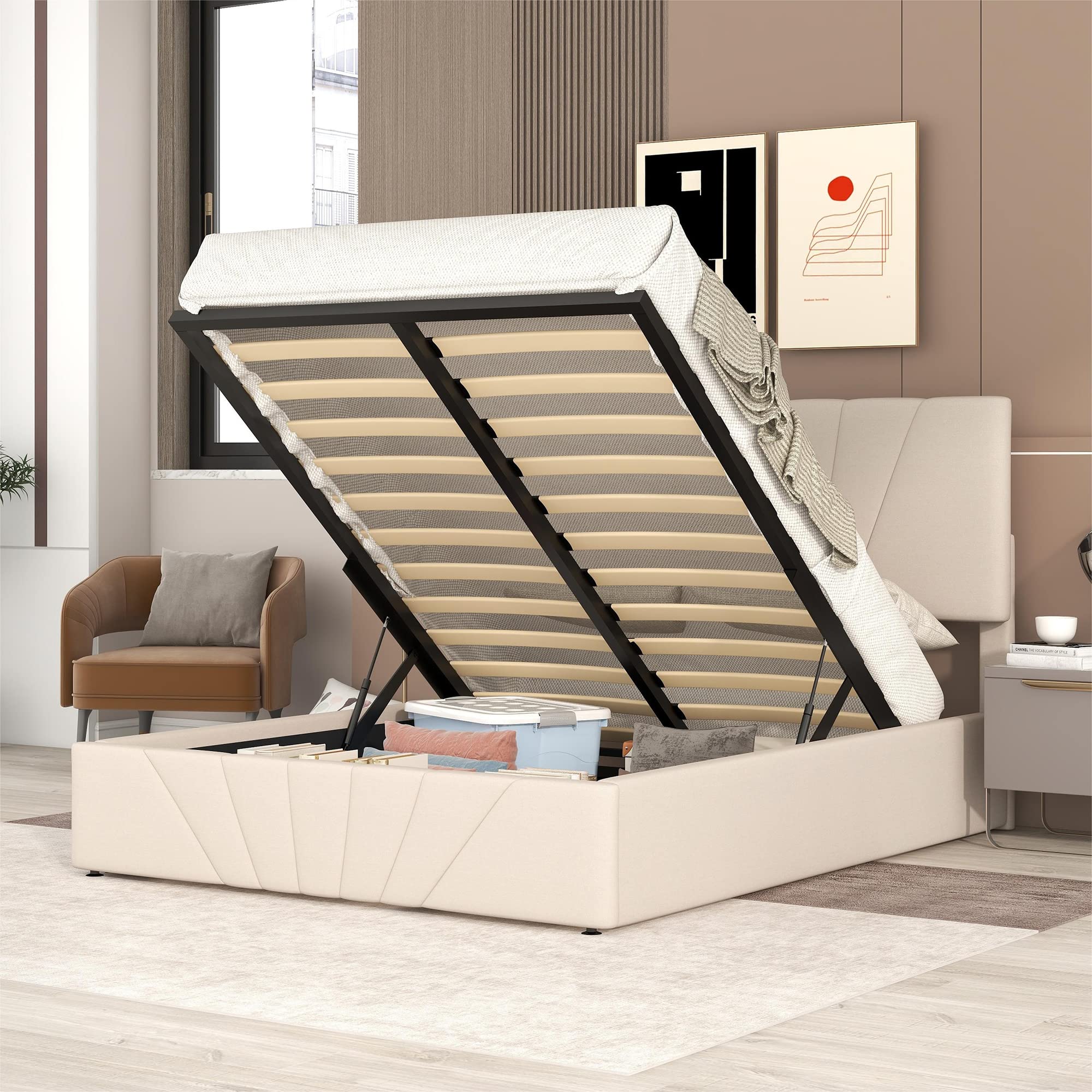 Queen Size Lift Storage Bed - Modern Linen Upholstered Platform Bed Frame with Hydraulic Storage & Slat Support, Beige - Perfect for Small Bedrooms, Guest Rooms & Space-Saving Solutions