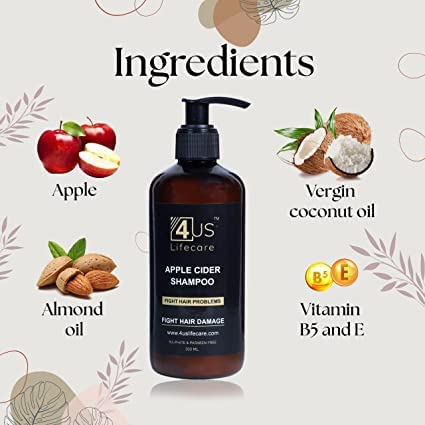 4us Lifecare Apple Cider Vinegar Shampoo with Virgin Coconut Oil & Almond Oil - Gentle Natural Detox Formula for Buildup Removal - Perfect for Damaged Hair & Scalp Care - Daily Use & Color-Treated Hair Safe