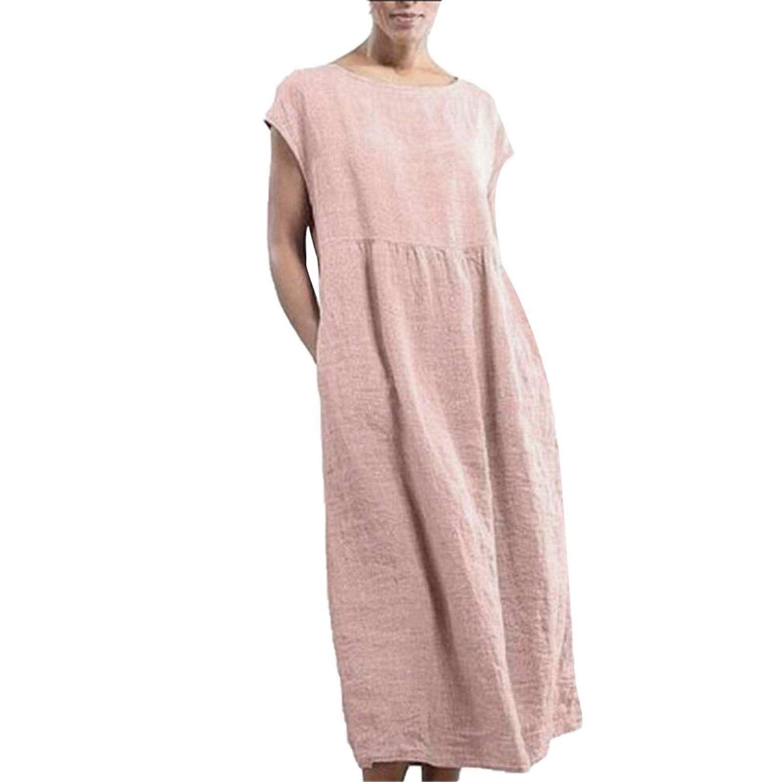 Bidobibo Women's Linen Summer Dresses - Casual Short Sleeve Plain Beach Dress for Vacation & Holiday Wear | Perfect for Beach Outings, Summer Travel and Casual Everyday Style