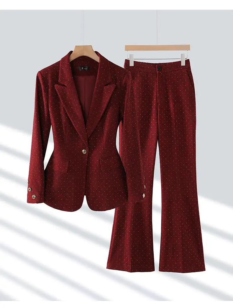 2024 Women's Gray Two-Piece Office Suit Set - Single Button Diamond Blazer & High Waist Wide Leg Pants | Fall Winter Workwear, Business Formal Attire, Professional Outfits for Women
