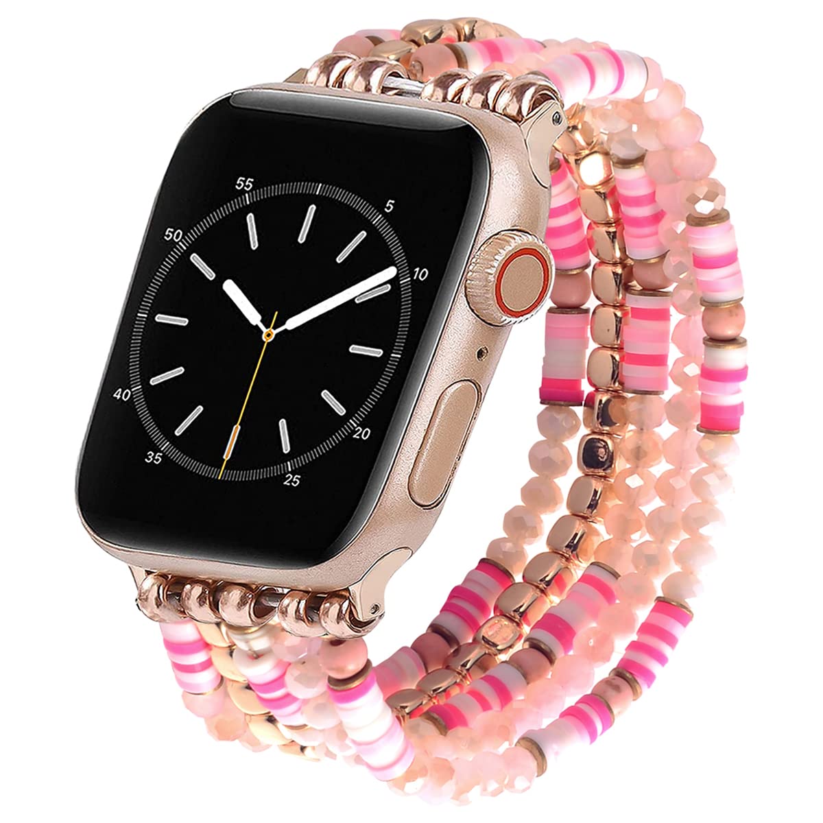 Handmade Beaded Stretch Bracelet Compatible with Apple Watch 40mm/41mm/38mm (Series 1-8 & SE) - Fashion Elastic Replacement Band for Women & Girls in Rose Pink | Perfect for Workouts, Office Wear & Casual Outfits