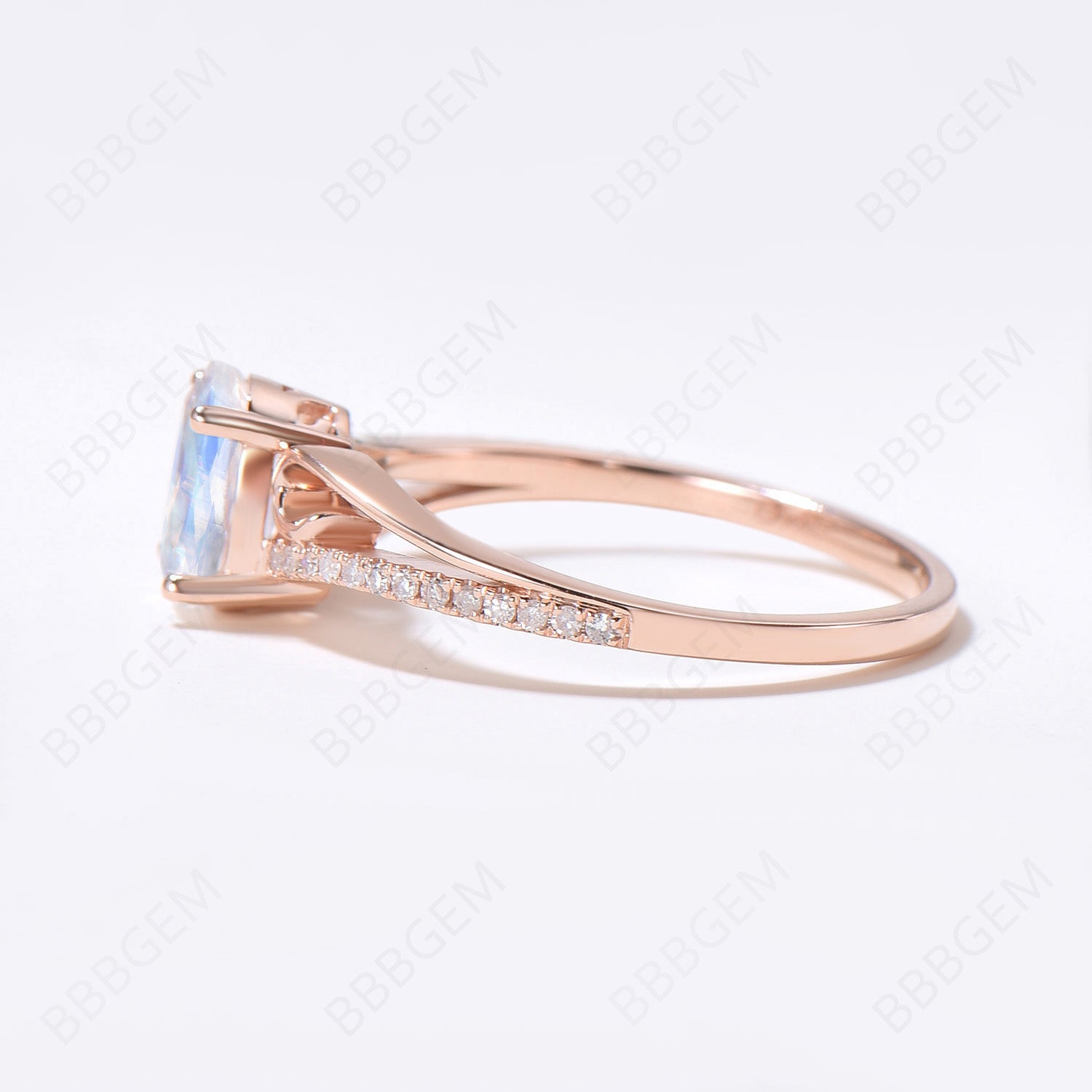 Art Deco Moonstone Engagement Ring - Curved Wedding Band in Rose Gold with Split Shank Design | Perfect for Vintage-Inspired Proposals & Anniversary Gifts