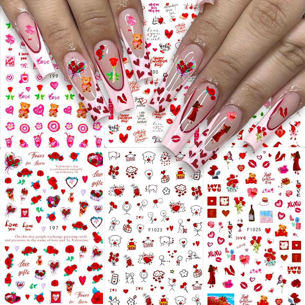 Valentine's Day Nail Stickers - 6 Sheets 3D Self-Adhesive Heart & Rose Nail Art Decals for Women | Romantic Red Lips & Love Designs | Perfect for Valentine's Nail Art, Date Nights & Special Occasions