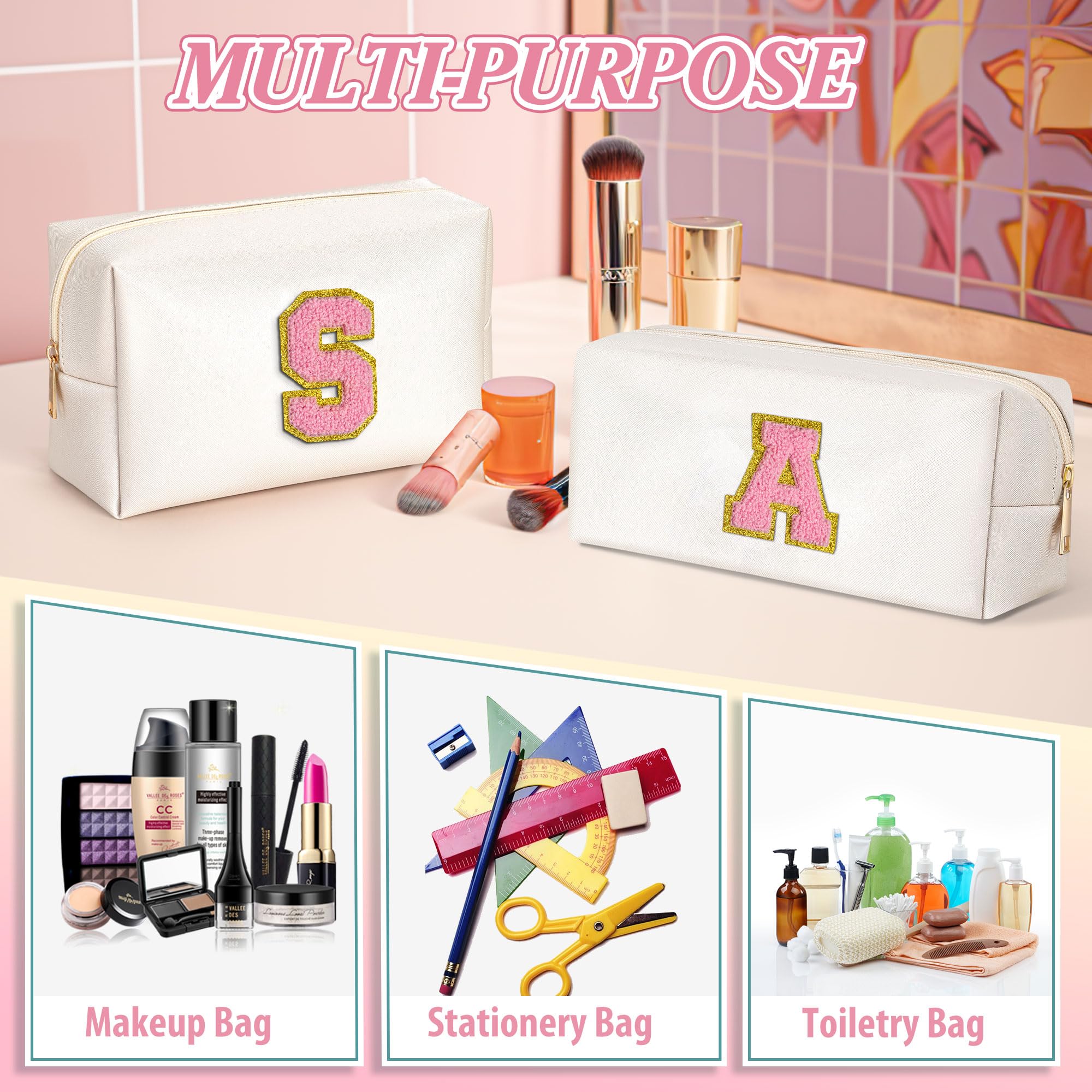 TOPEAST Personalized Travel Makeup Bag with Initials - PU Leather Waterproof Cosmetic Organizer Toiletry Bag with Chenille Letters - Perfect Gift for Women - Ideal for Travel, Gym & Daily Use (White A)