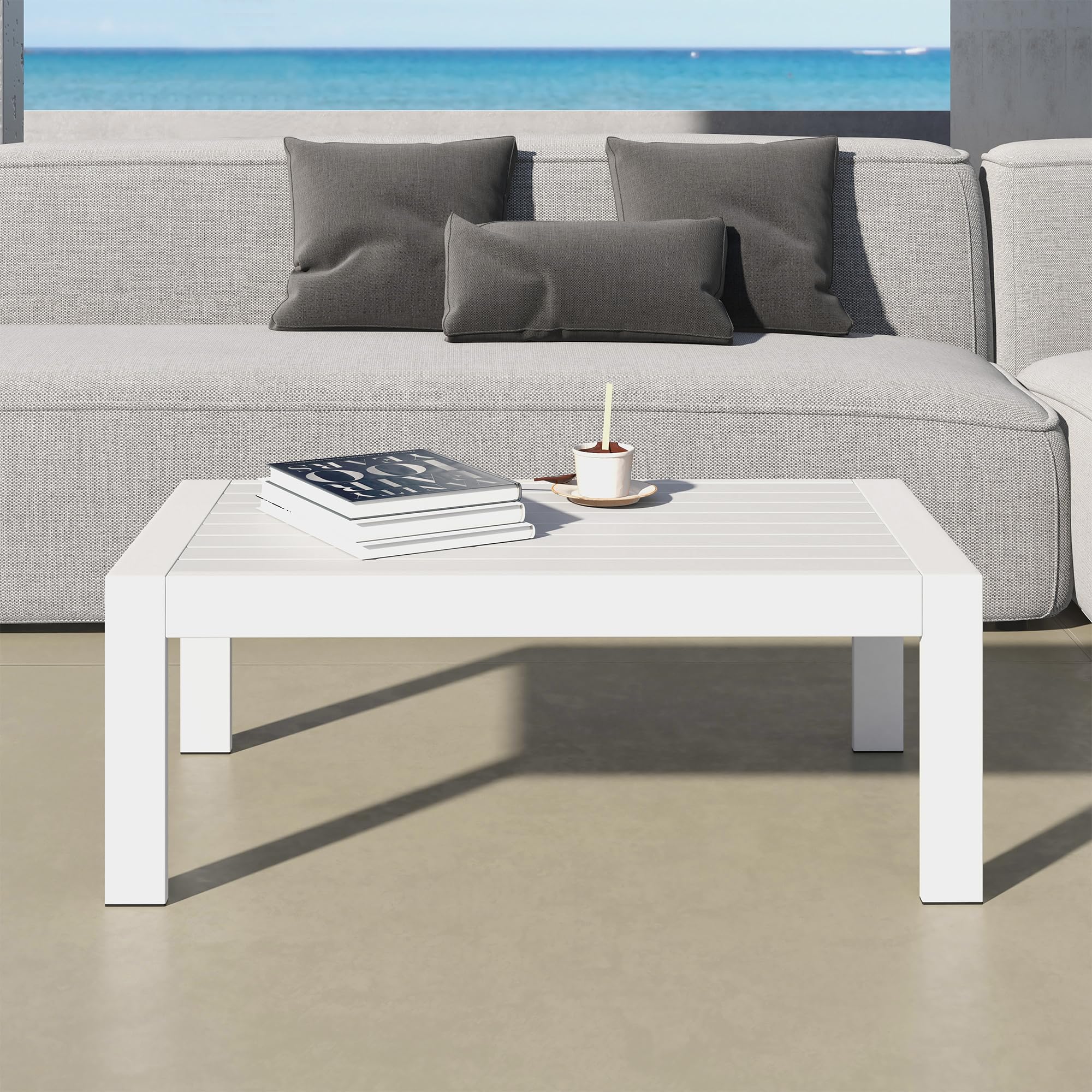 All-Weather Aluminum Outdoor Coffee Table - Modern Rectangle Patio Table for Balcony, Garden & Backyard - Light Grey - Perfect for Outdoor Lounging, Entertaining & Relaxation