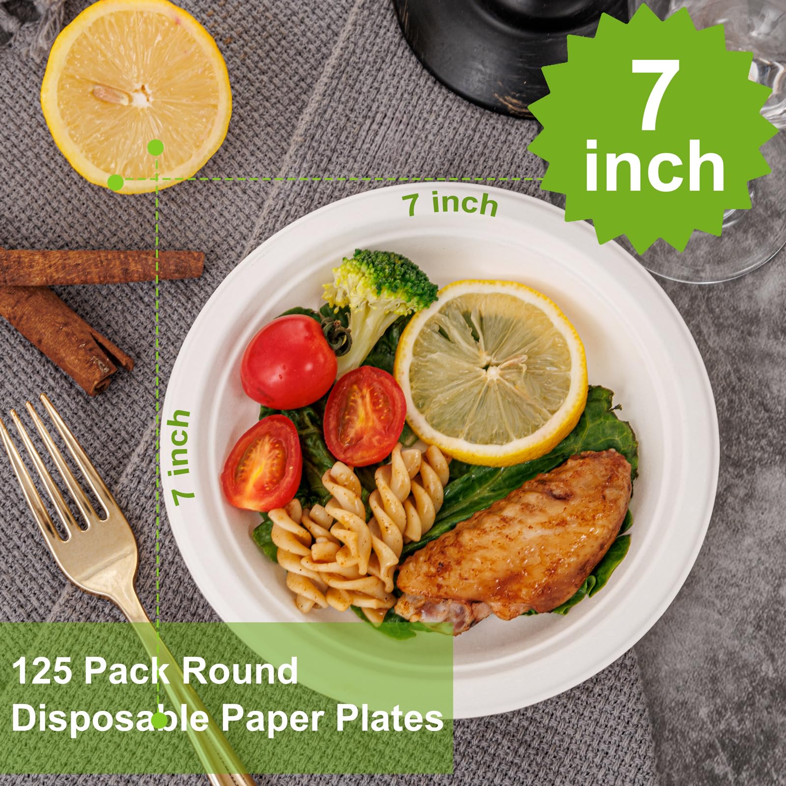 WELLIFE 100% Compostable 7 Inch Paper Plates - 125 Pack Heavy Duty Biodegradable Bagasse Plates | Eco-Friendly Disposable Plates for BBQ, Picnic, Party, Wedding | BPI Certified & Microwave Safe | Perfect for Outdoor Events, Family Gatherings & Sustainable Living