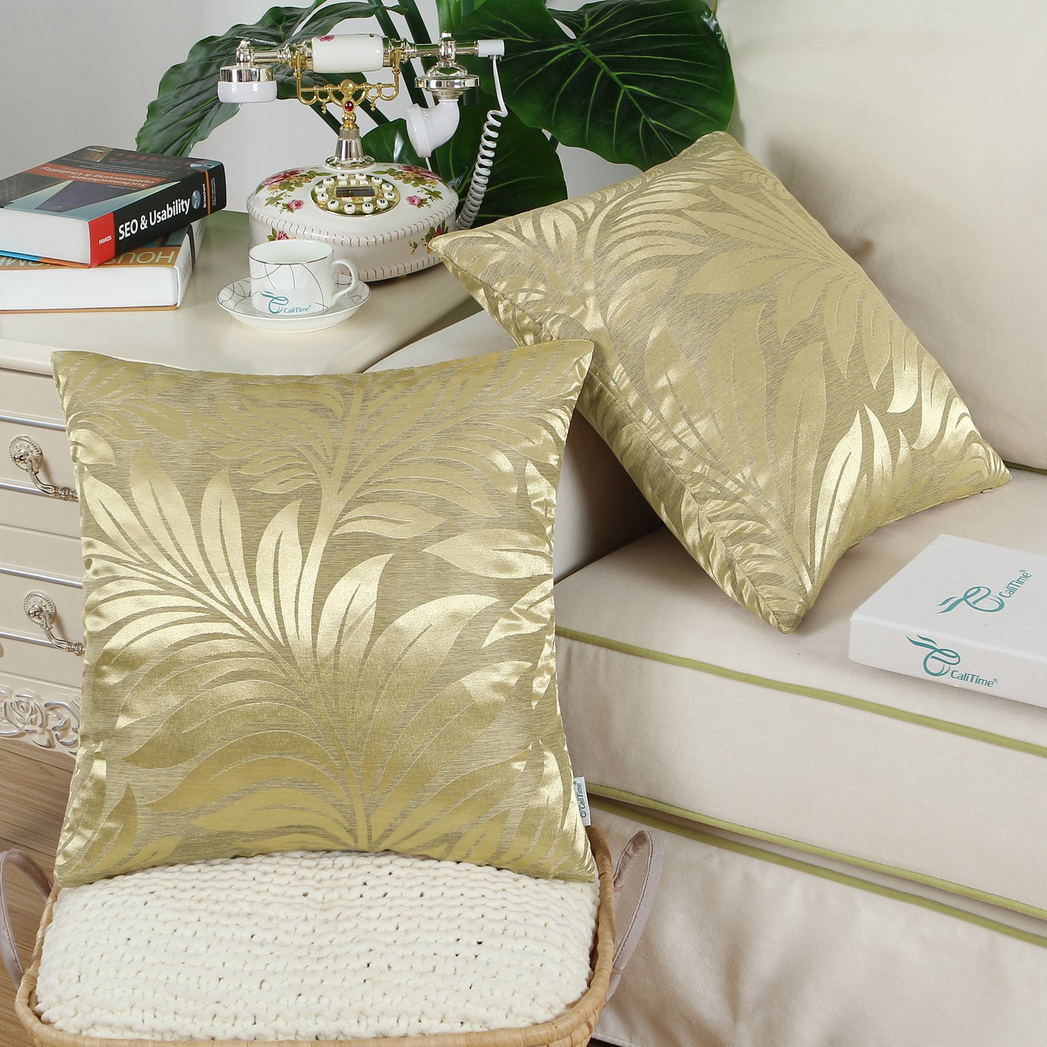 Premium Pack of 2 Tropical Fern Leaf Throw Pillow Covers 18x18 Inches - Gold Shimmer & Matte Contrast for Sofa, Couch & Home Decor | Perfect for Living Room, Bedroom & Seasonal Home Styling