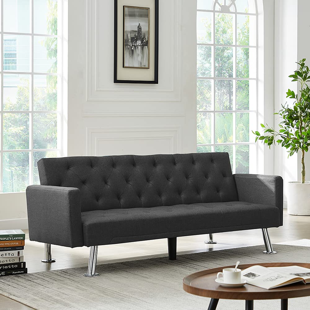 Olela Convertible Futon Sofa Bed with Armrests - Modern Velvet Sleeper Couch for Living Room, Foldable Recliner with Sturdy Metal Legs (Ash Grey) | Perfect for Small Spaces, Guest Rooms & Studio Apartments