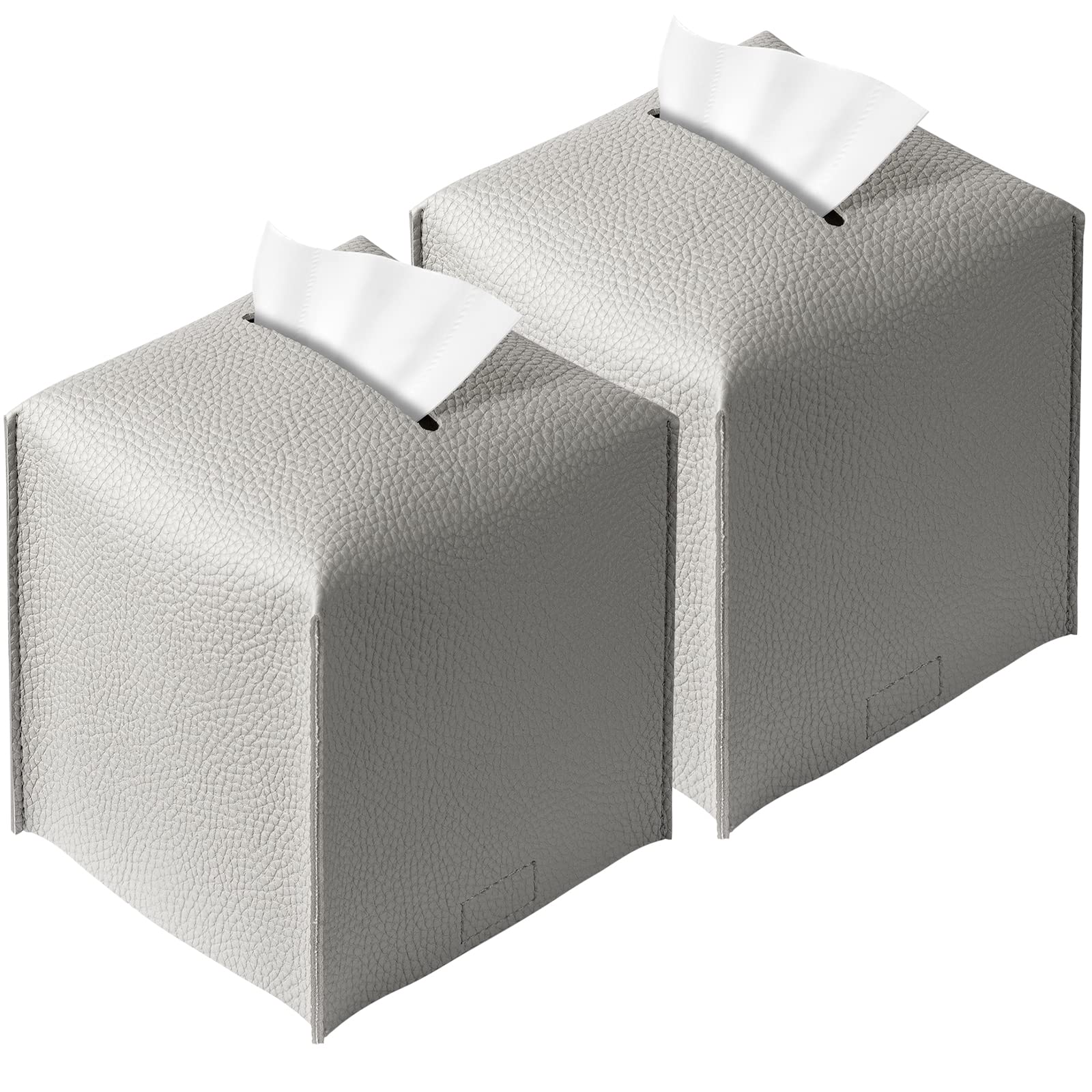 REGELETO 2 Pack Grey PU Leather Tissue Box Cover - Modern Square Tissue Holder with Bottom Belt for Home, Office, Car & Hotel Decor - 5
