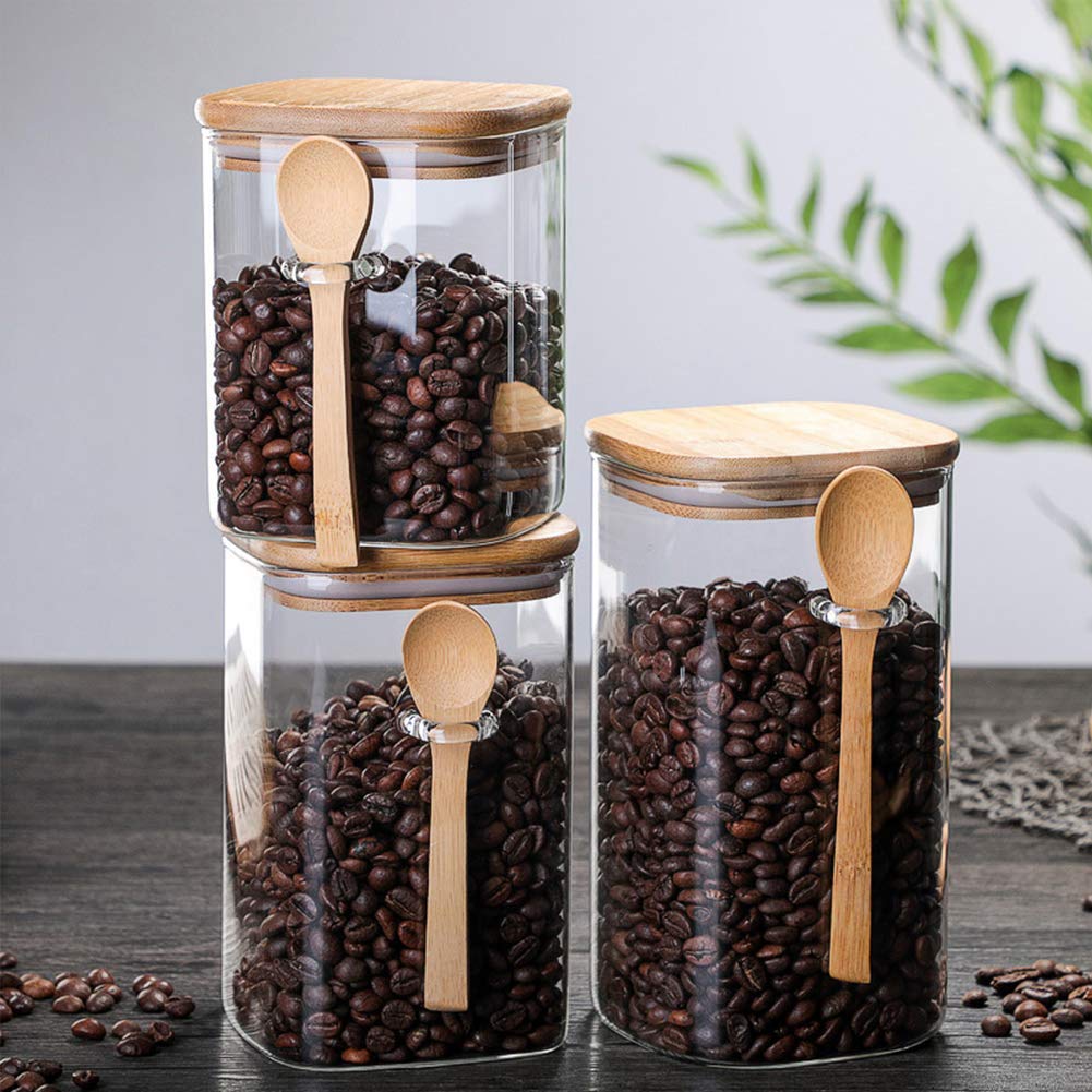 Airtight Borosilicate Glass Storage Jar with Wood Lid & Spoon - 1000ml Clear Kitchen Canister for Coffee Beans, Tea, Nuts, Sugar, Candy & Spices | Perfect for Pantry Organization & Countertop Display