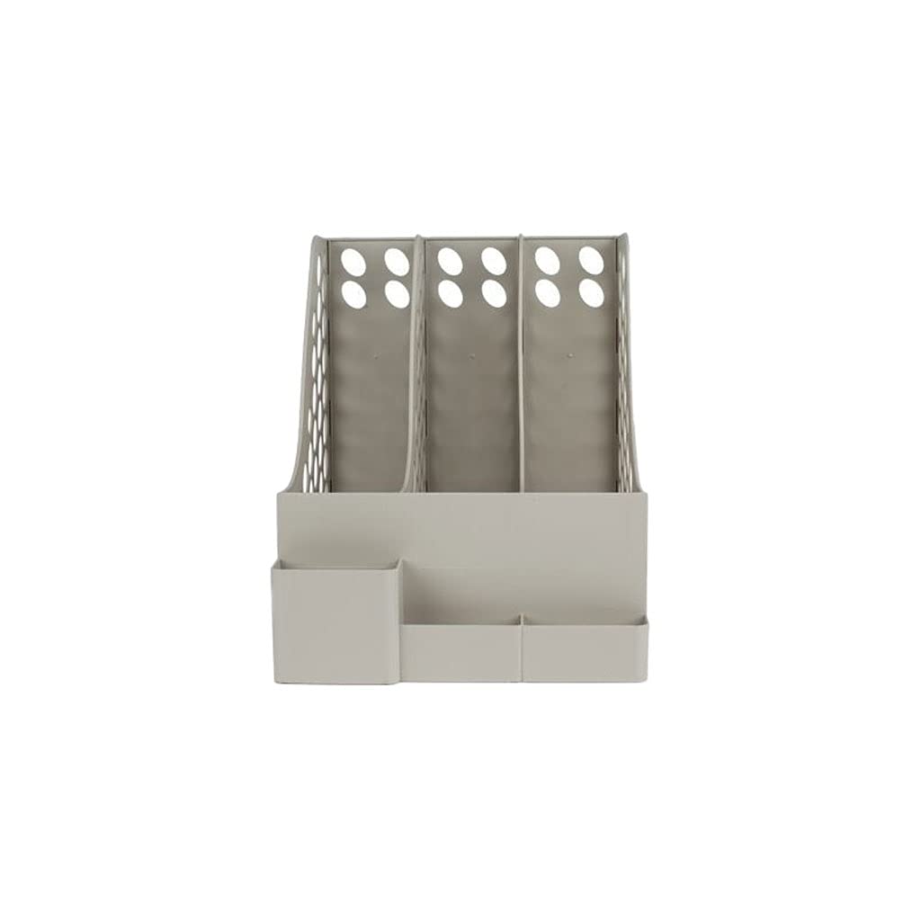 Gray Bookends with Pencil Holder & Storage Basket - 3 Compartment Vertical Document Organizer for Desk, Bookshelf & Office - Perfect for Organizing Books, Files & Stationery