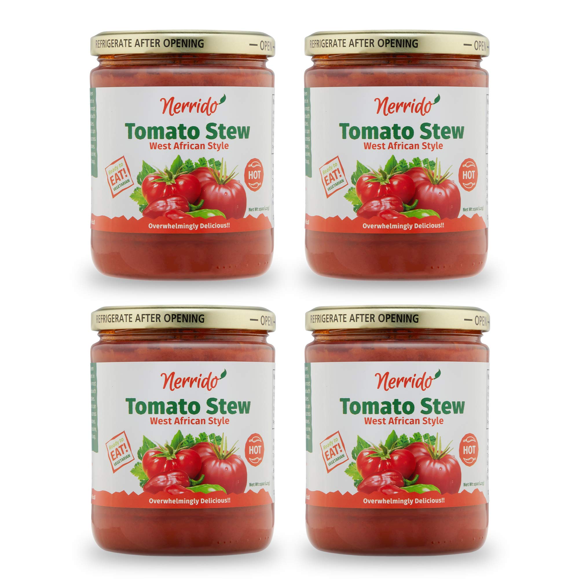 Nerrido African Style Hot Pasta Sauce - Canned Tomato Stew & Jollof Rice Red Sauce with Vegetables and Spices, 16oz (454g) 4-Pack | Perfect for Pasta, Rice Dishes, and African Cuisine