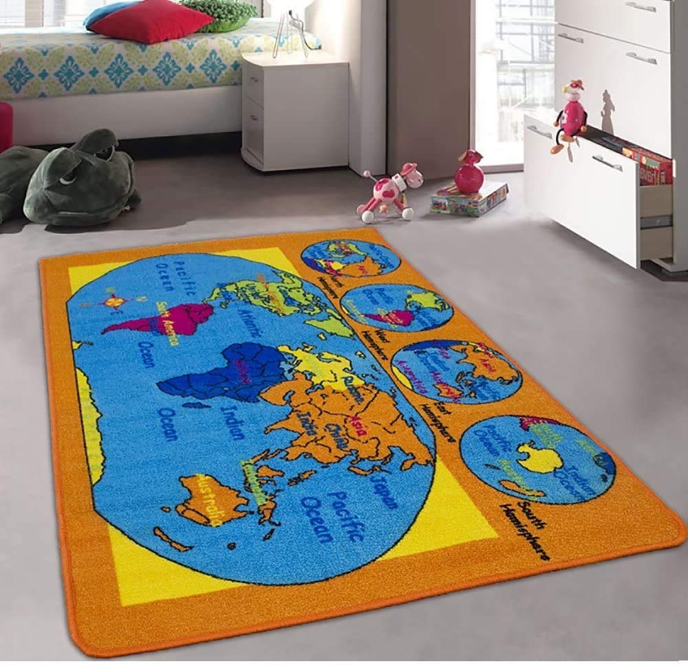 Educational Kids Area Rug - 8x10 Feet World Map Carpet with Continents, Hemispheres & Oceans | Perfect for Classroom, Playroom & Homeschool Learning