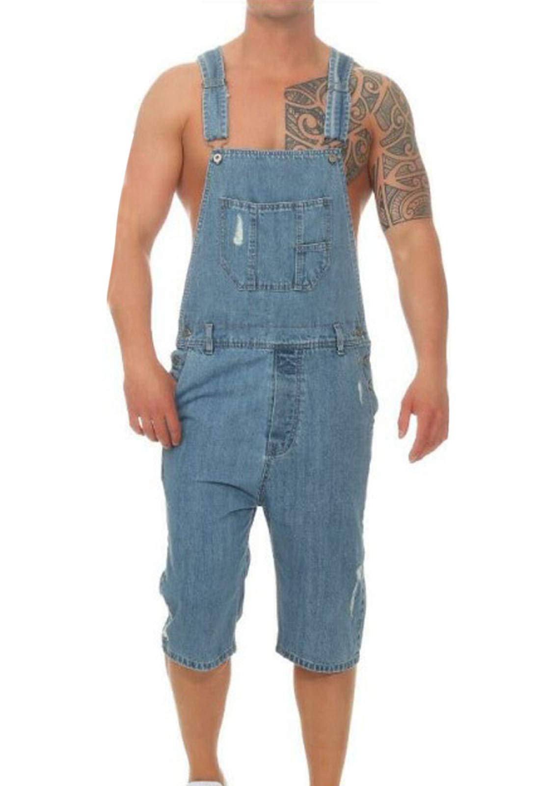 Flygo Men's Bib Overalls Shorts - Ripped Denim Jumpsuit Romper for Casual Wear | Durable Workwear & Summer Outdoor Activities